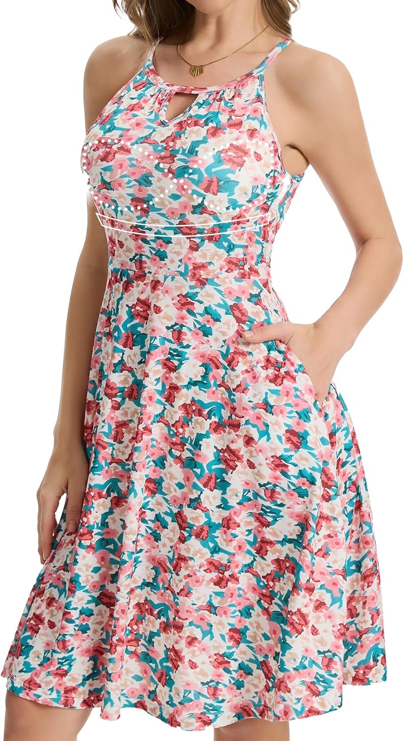 ANYFITTING Built in Bra Halter Dresses for Women with Pockets