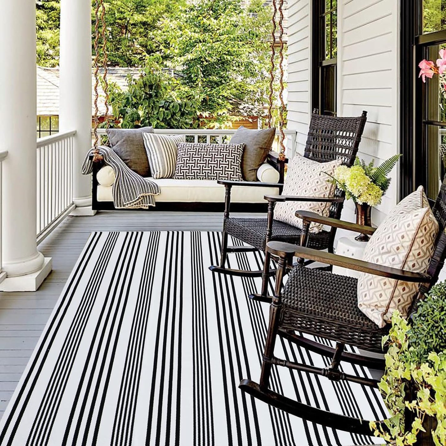 Black and White Striped Outdoor Rug for Farmhouse Decor