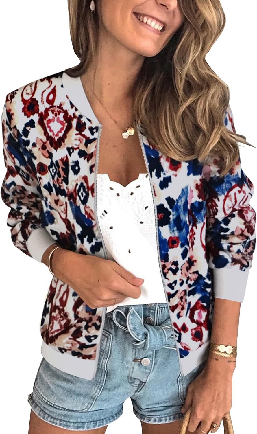 Stylish Floral Zip Up Bomber Jacket for Women by ECOWISH