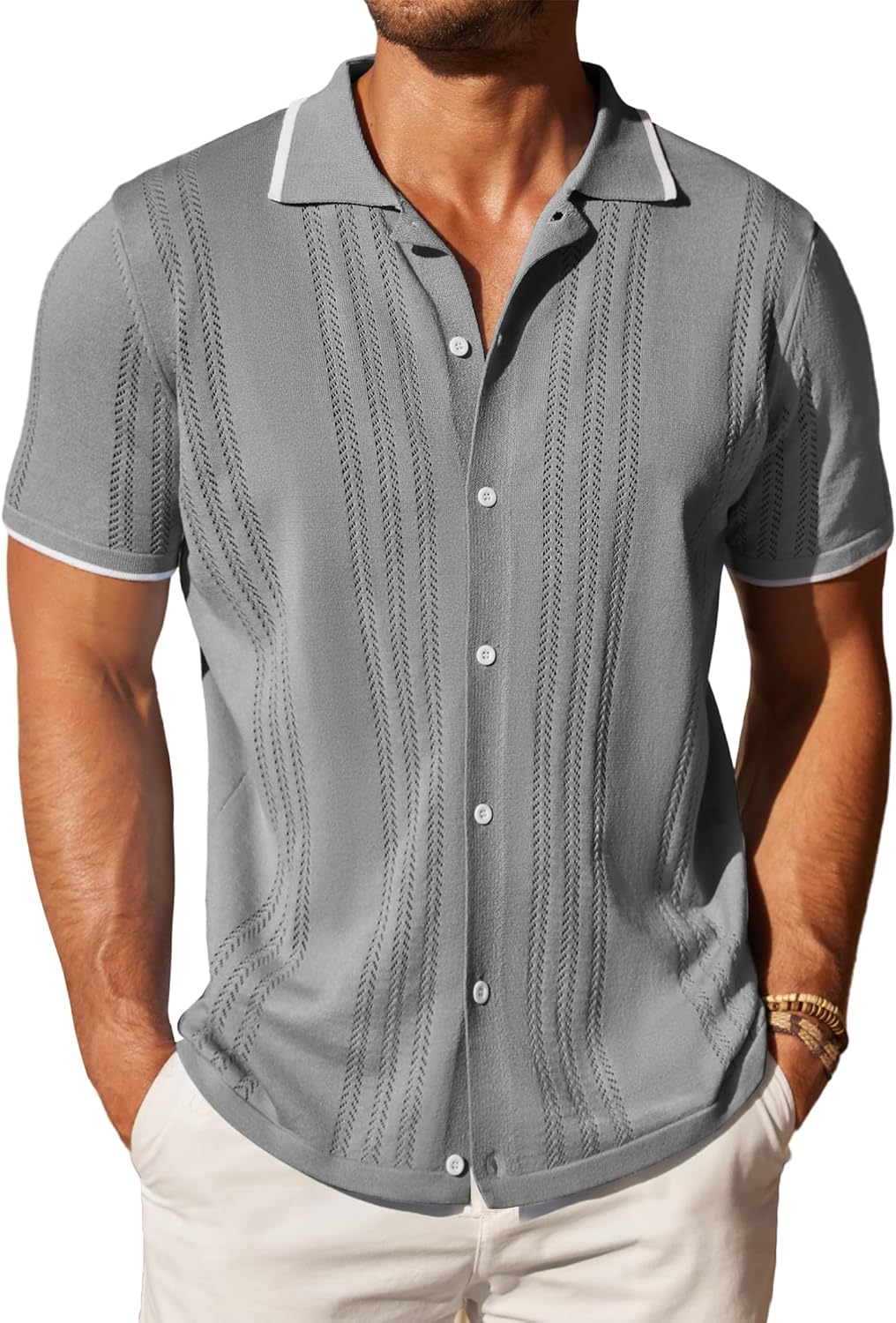 COOFANDY Men's Knit Button Down Shirt for Casual Beach Style