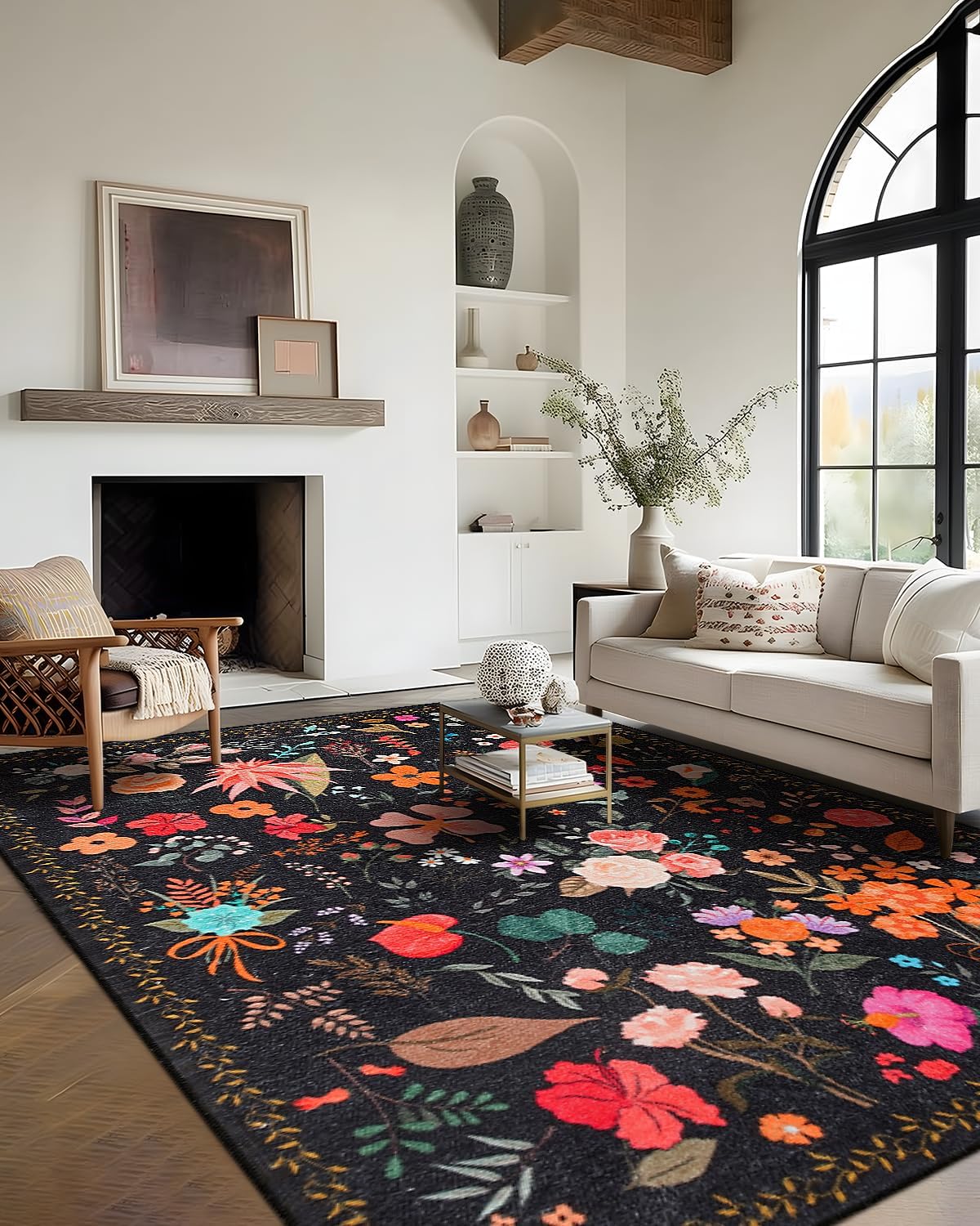 Area Rug 9x12, Washable Vintage Floral Carpet for Living Room