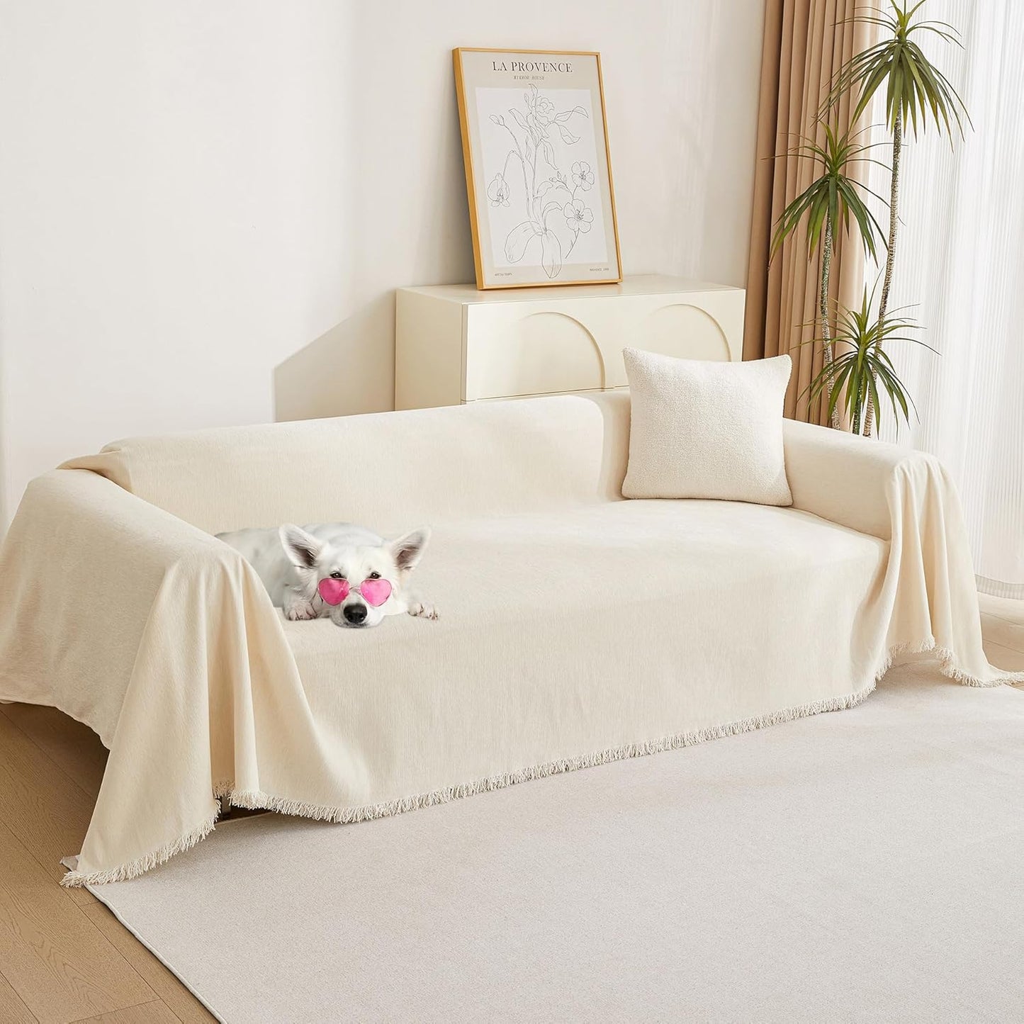 MYSKY HOME Chenille Sofa Cover with Tassels for 3 Cushions