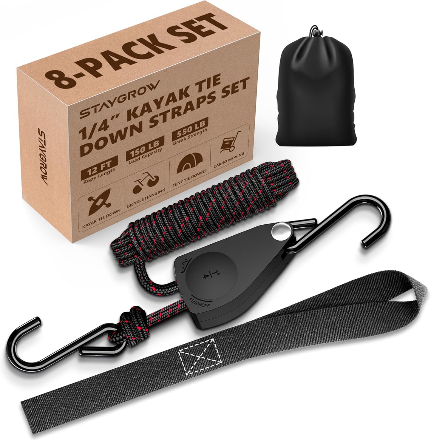 Kayak Straps Tie Downs 8 Pack Set for Secure Cargo Transport