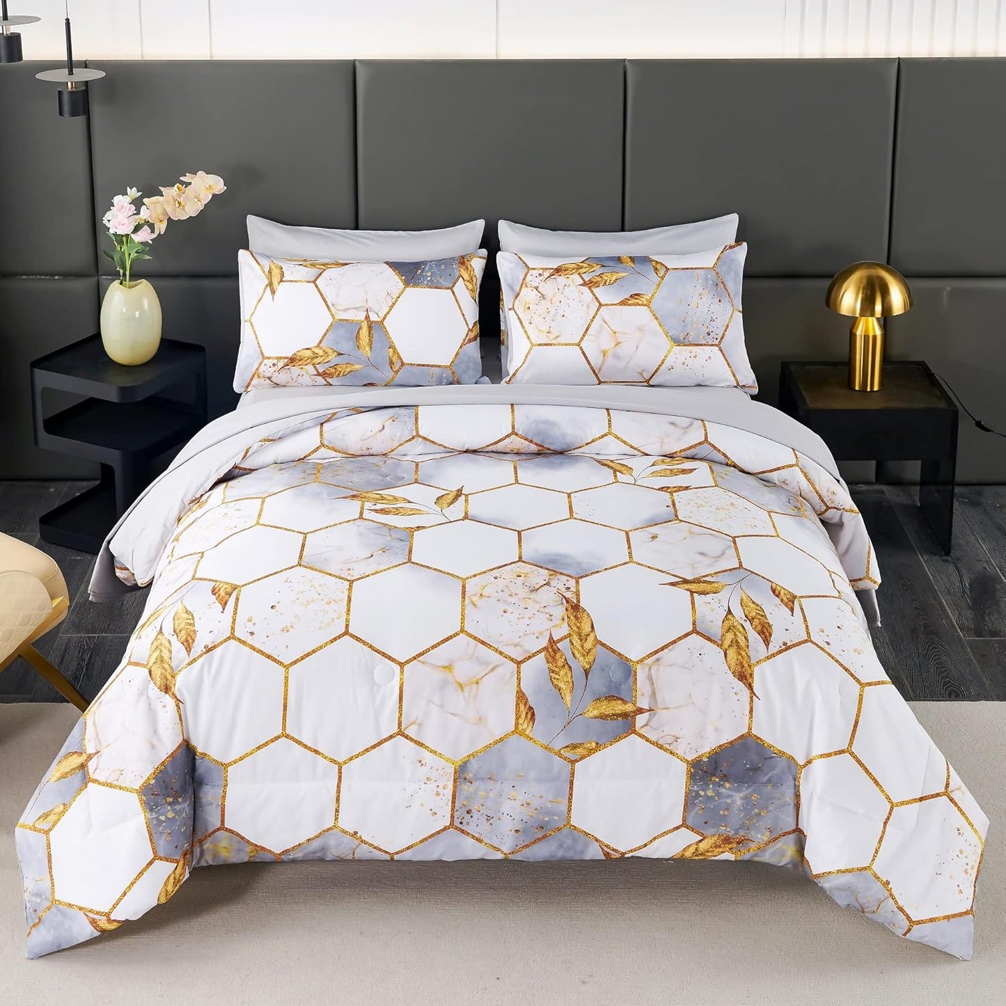 ANGIUIN 7 Pieces White Gold Comforter Set Full for All Seasons