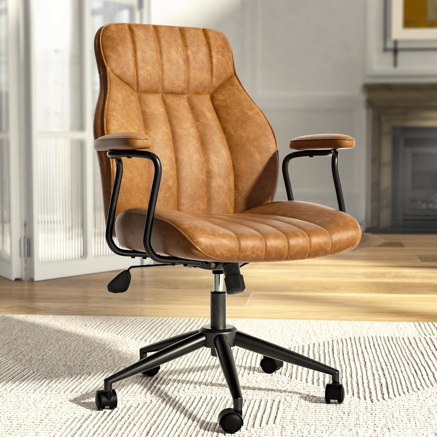Vintage Leather Office Chair - Height Adjustable, Wheels, Arms