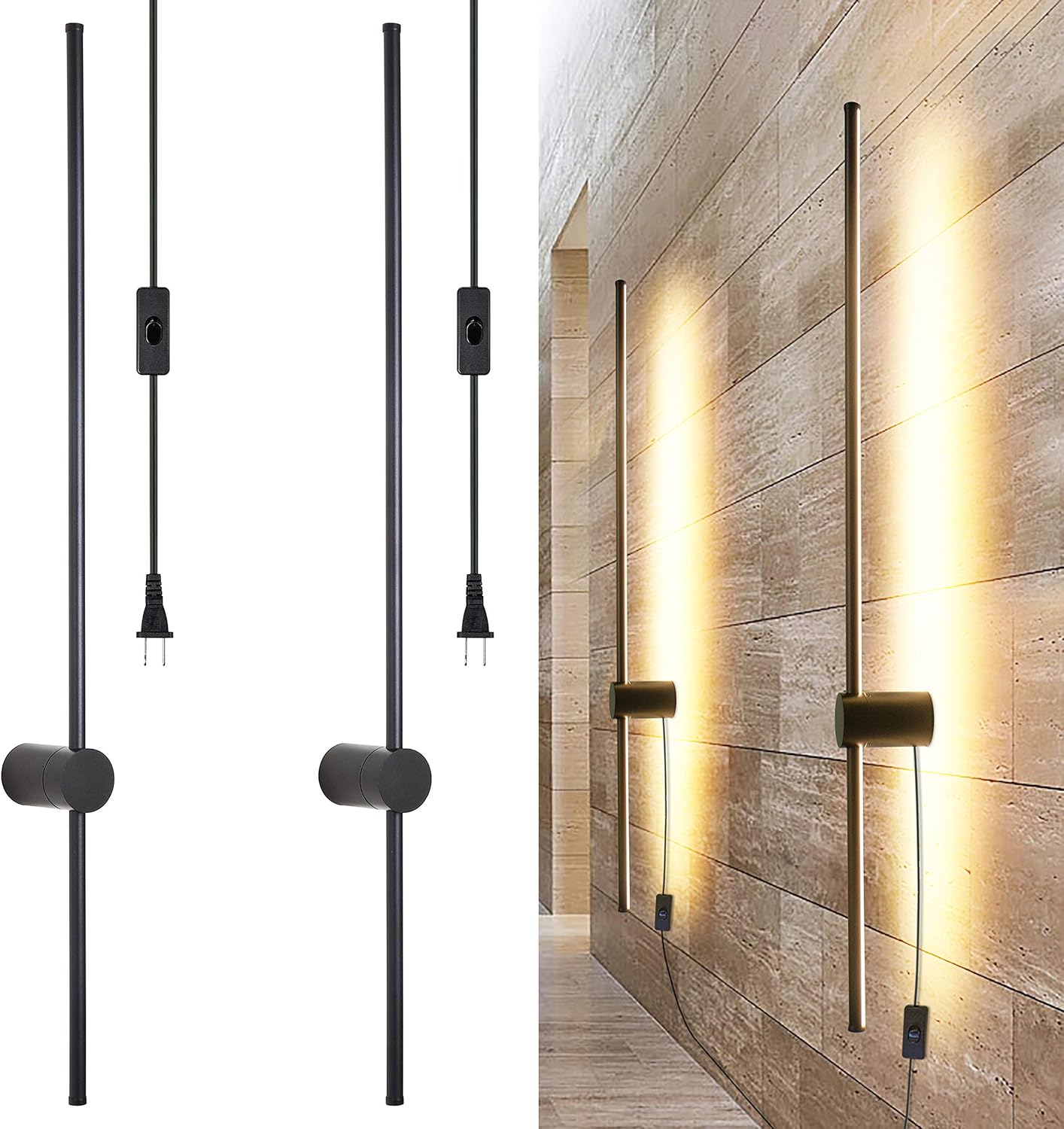 Modern Plug in Wall Sconce Set of 2 LED Black Wall Lights