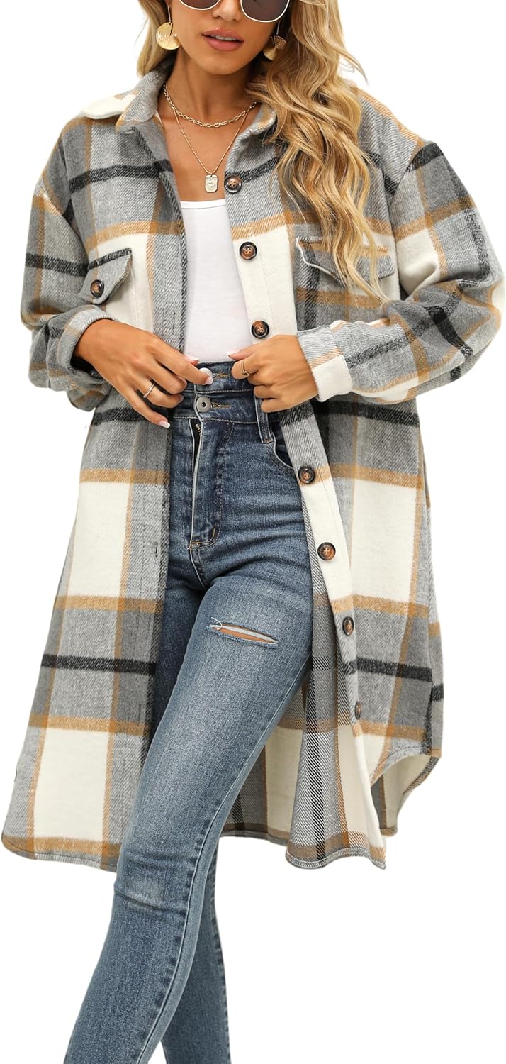 SKIKYAN Women Fall Flannel Plaid Shacket Jacket for Trendy Style