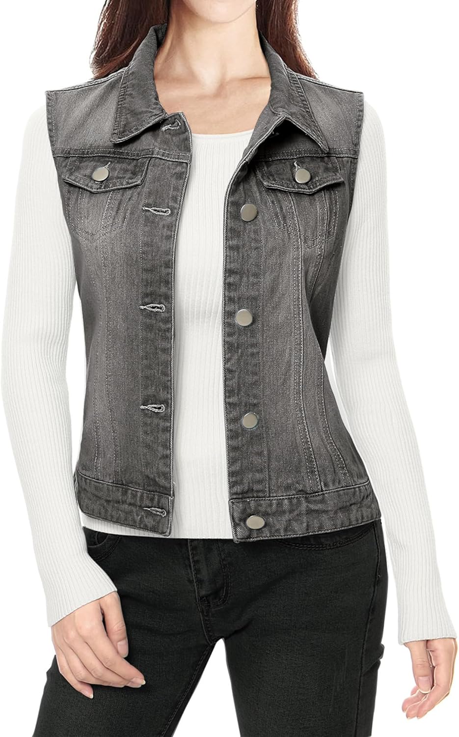 Allegra K Women's Buttoned Washed Denim Vest Jacket for Style