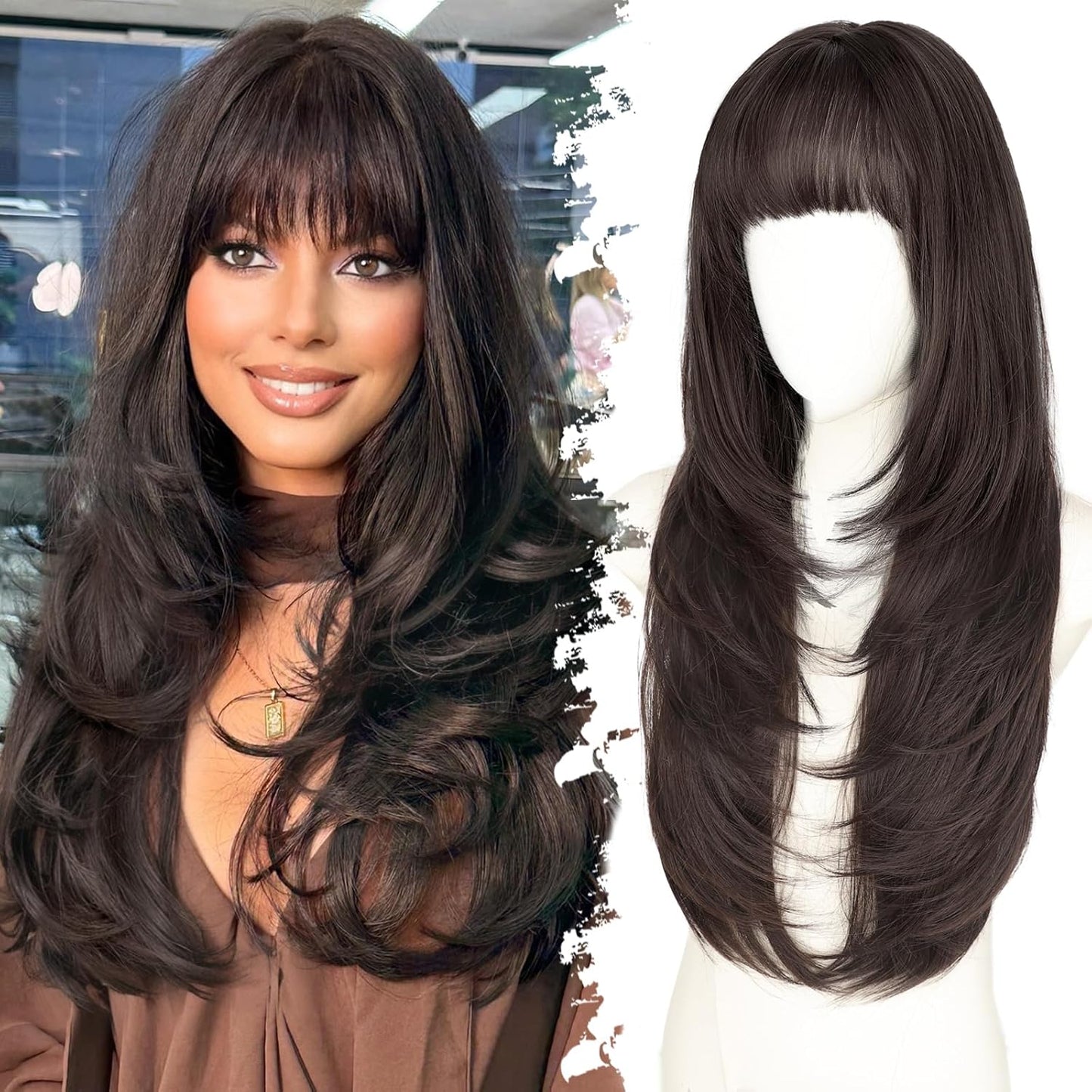 Long Dark Brown Wig with Bangs by Eawwii for Women