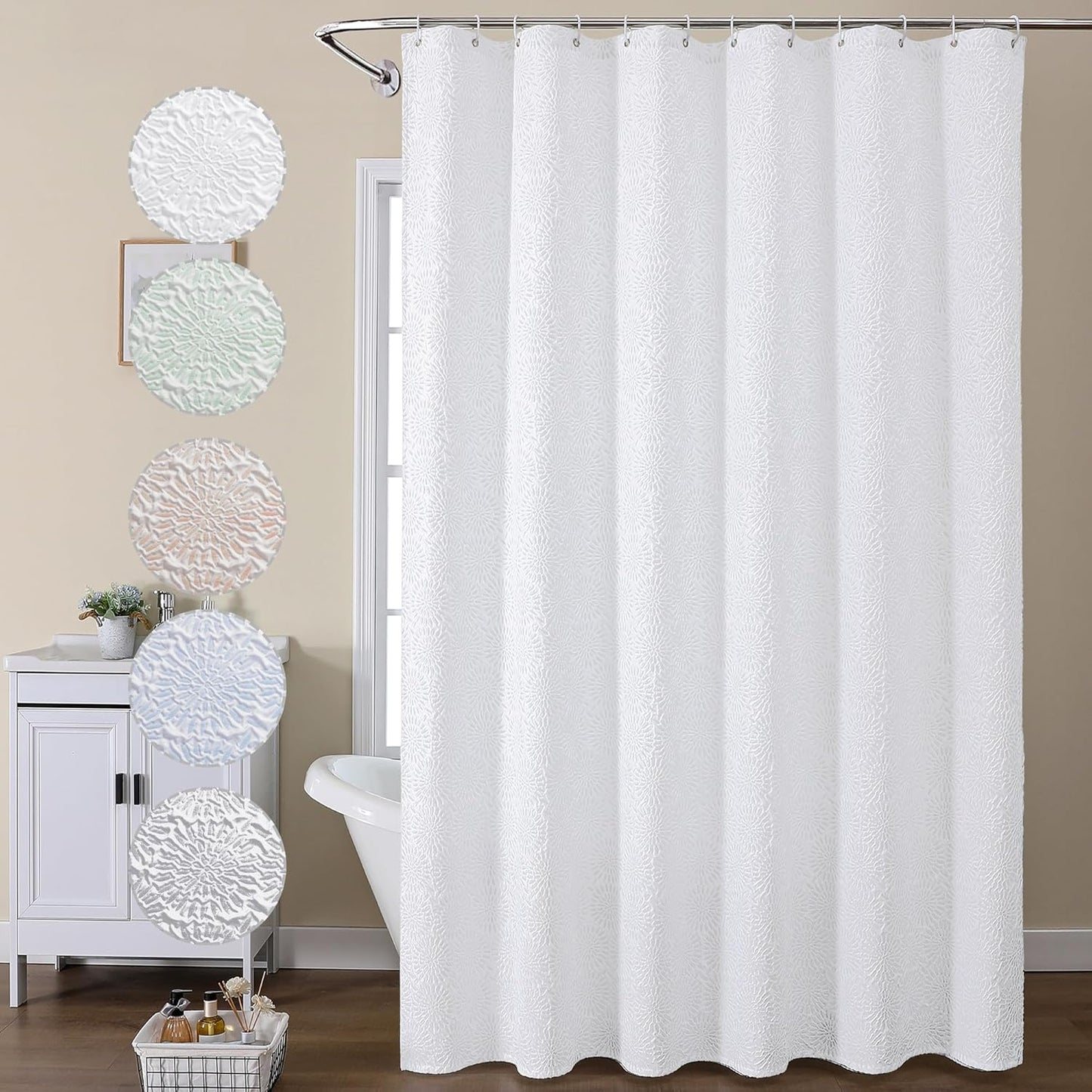Farmhouse White Shower Curtain Set | Washable Fabric | 72x84