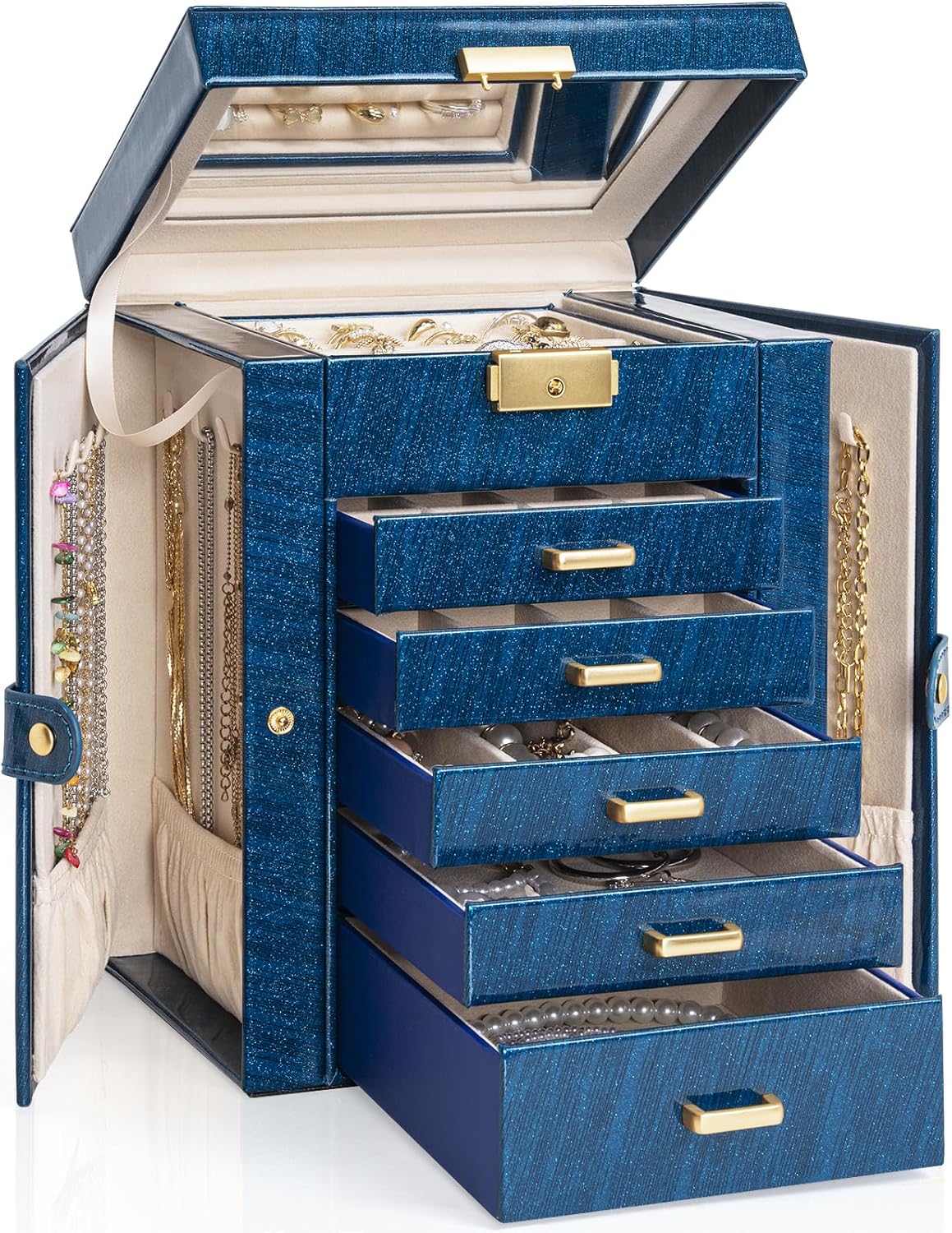 6-Tier Jewelry Box with Lockable Top Layer and 5 Drawers