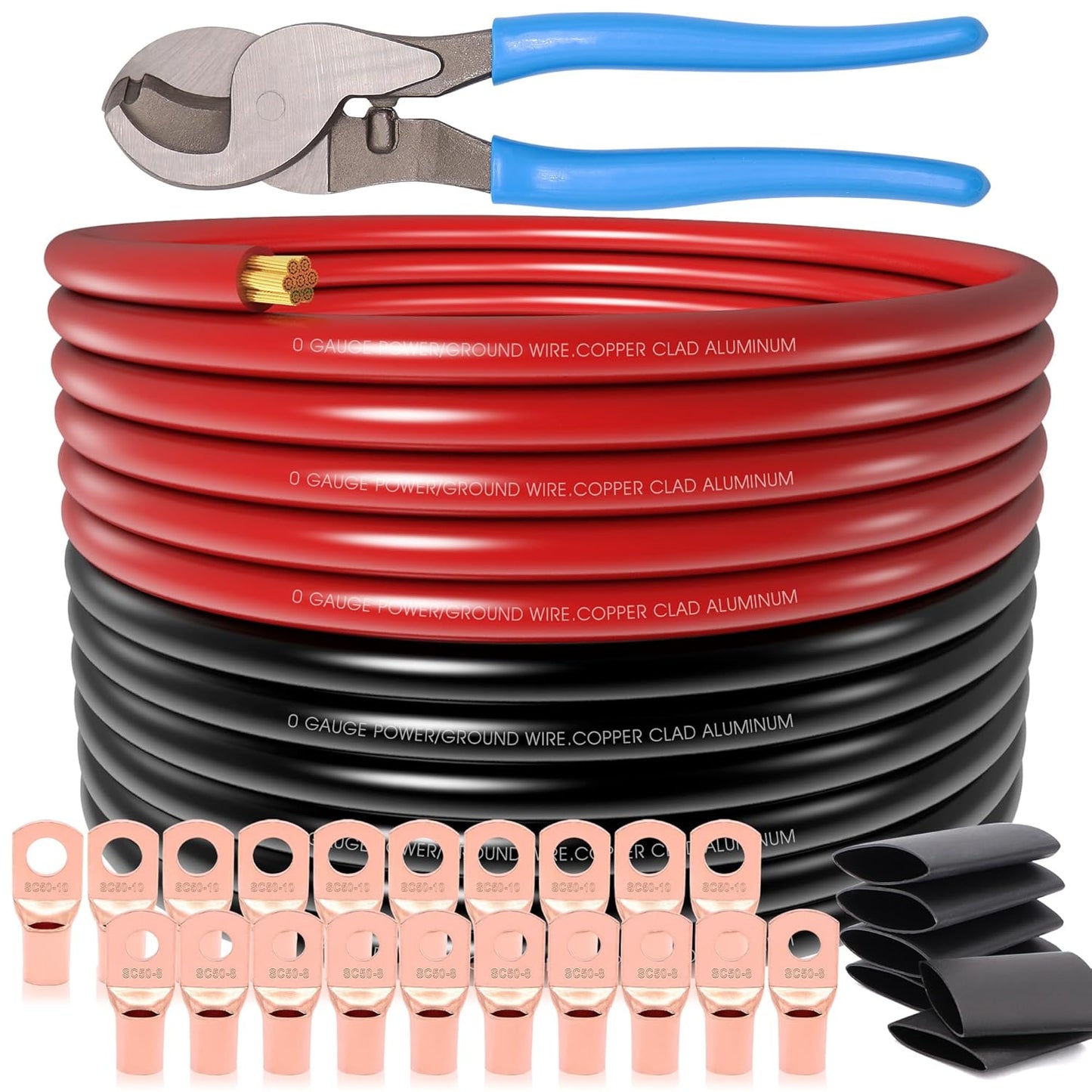 40FT 0 Gauge Wire Copper Clad Aluminum Battery Cable with Lugs