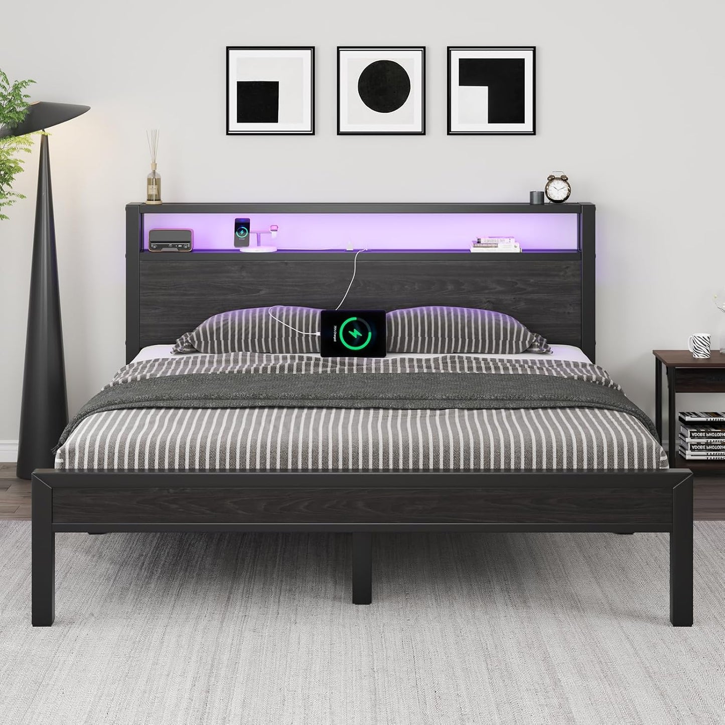 Queen Size Bed Frame with Storage Headboard and LED Lights