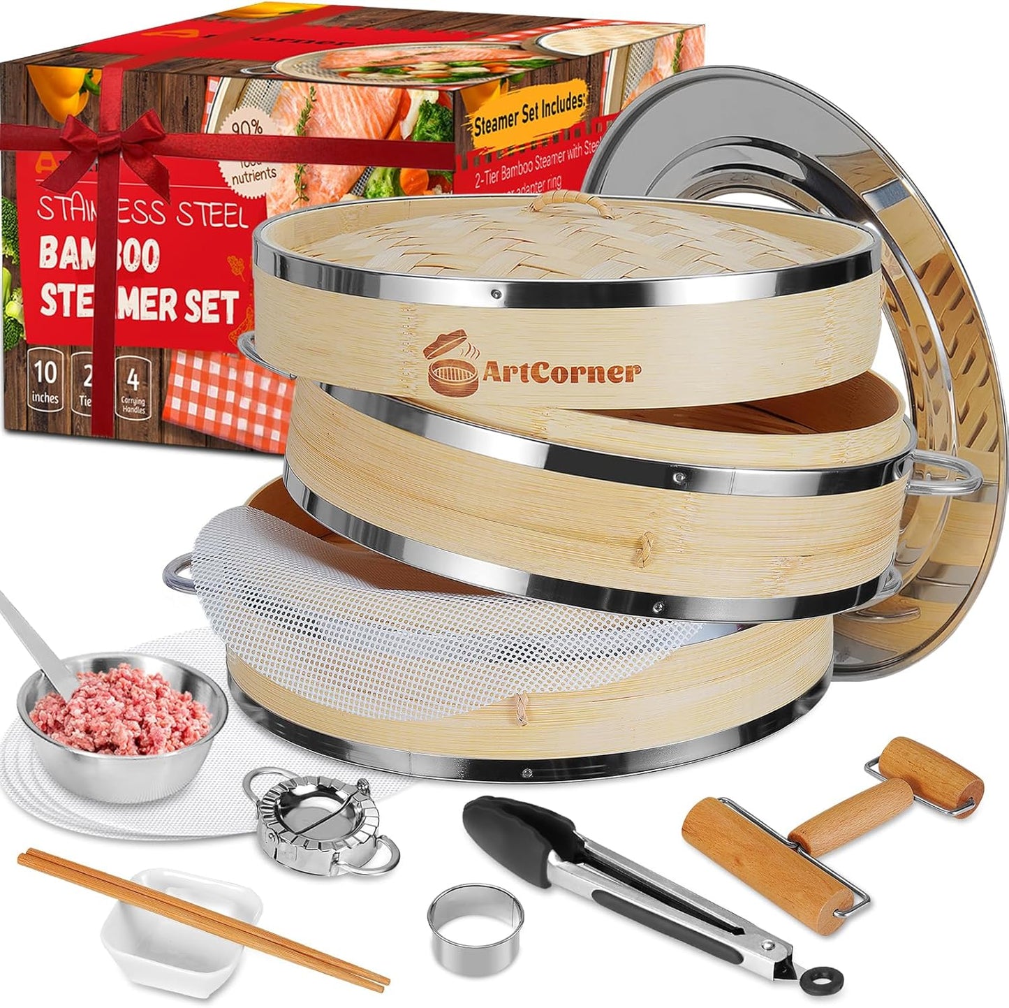 10 2-Tier Bamboo Steamer - Authentic Asian Cooking