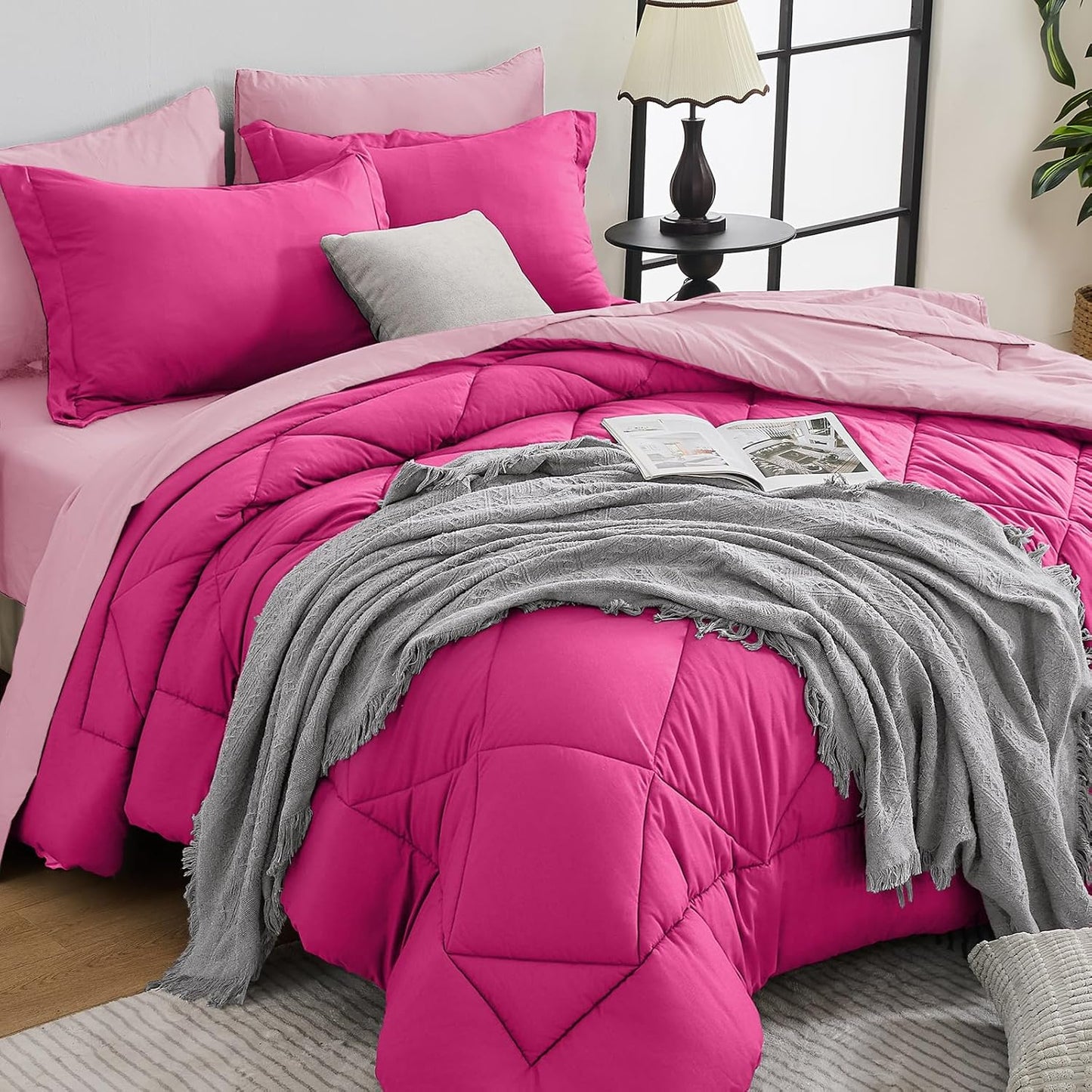 HEVUMYI Hot Pink & Baby Pink King Comforter Set - 7-Piece Bedding