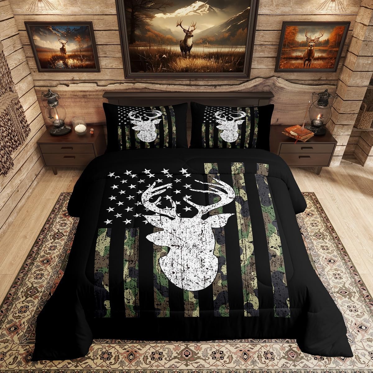 American Flag Comforter Set for Boys with Camo Deer Design