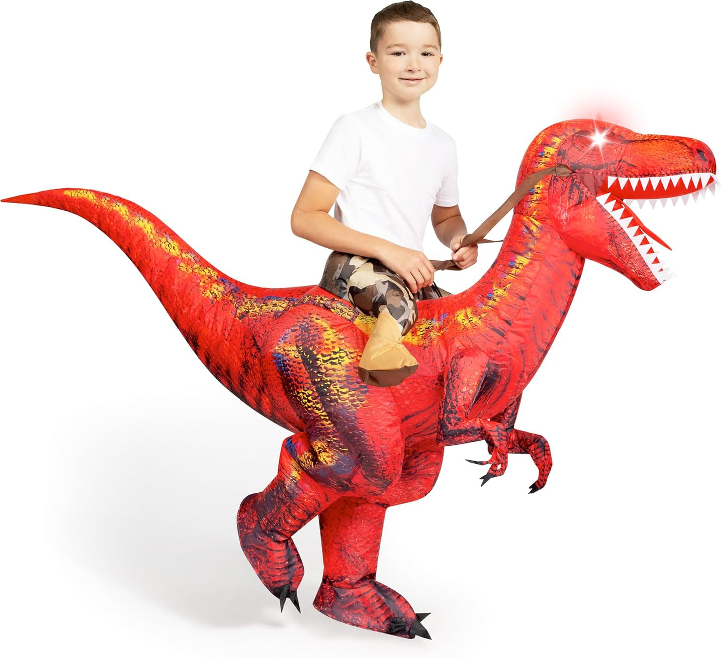Kids Halloween Raptor Inflatable Costume with LED Eyes for Fun