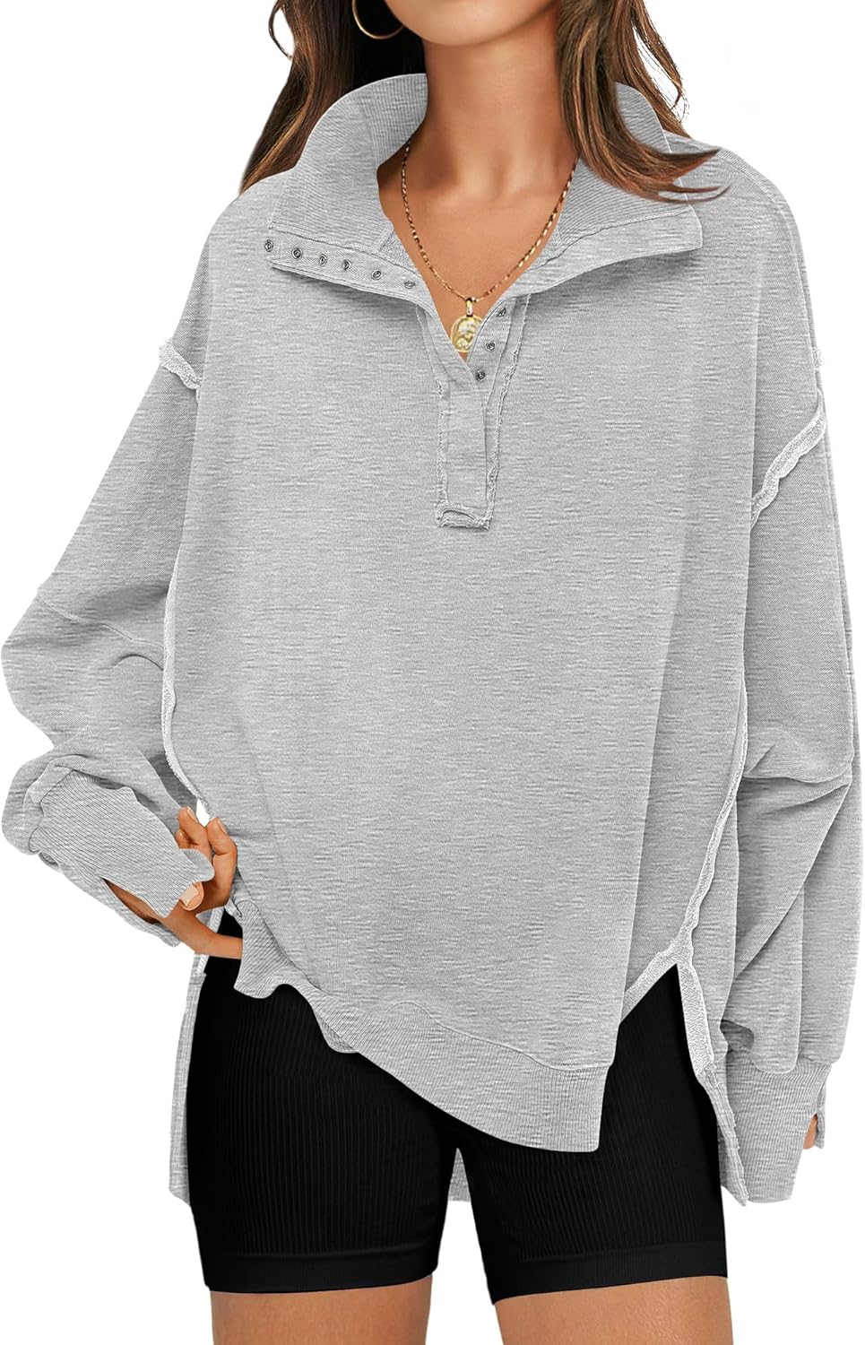 Oversized Sweatshirt for Women with Trendy Button Henley Neck