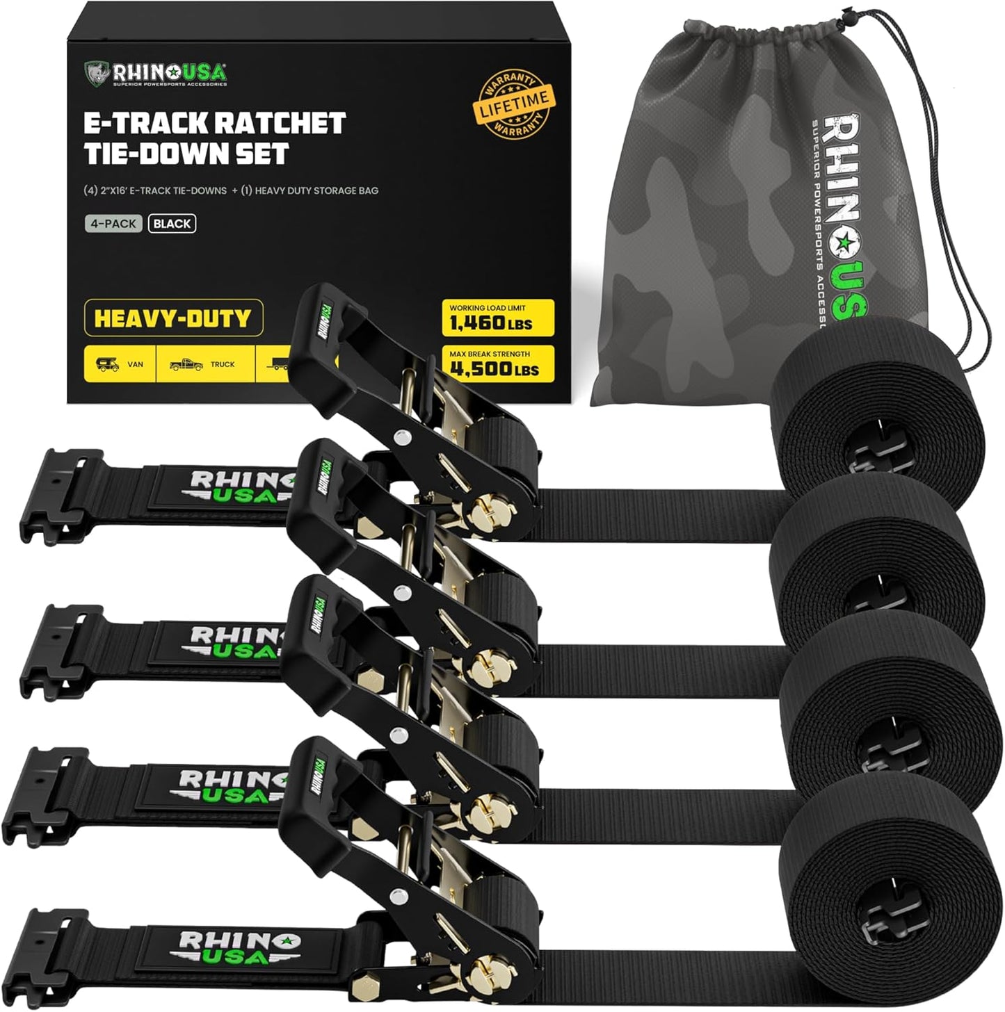 Rhino USA E Track Ratchet Tie Down Straps for Heavy Duty Use