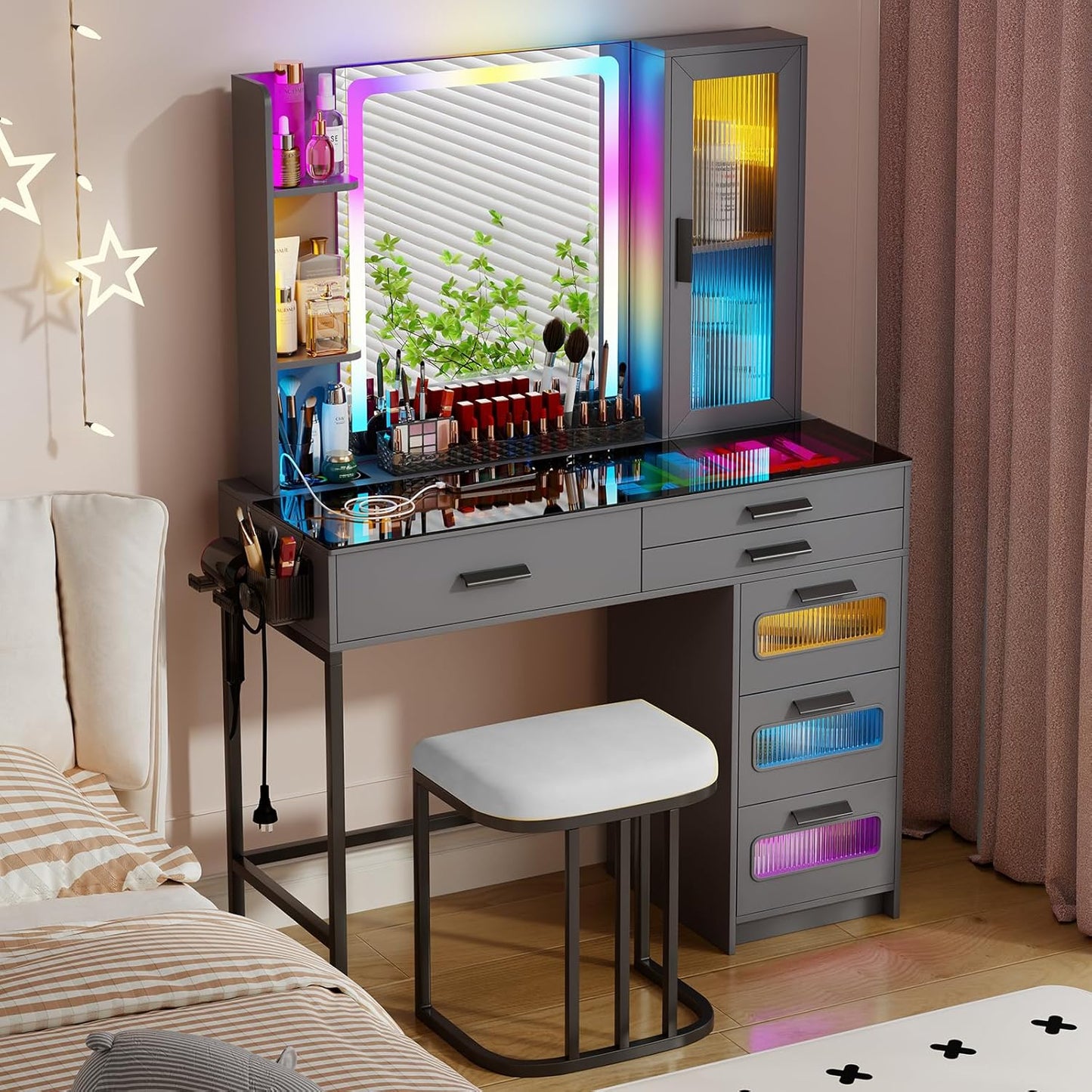 Makeup Vanity Desk with RGB Lights and Wireless Charging Station