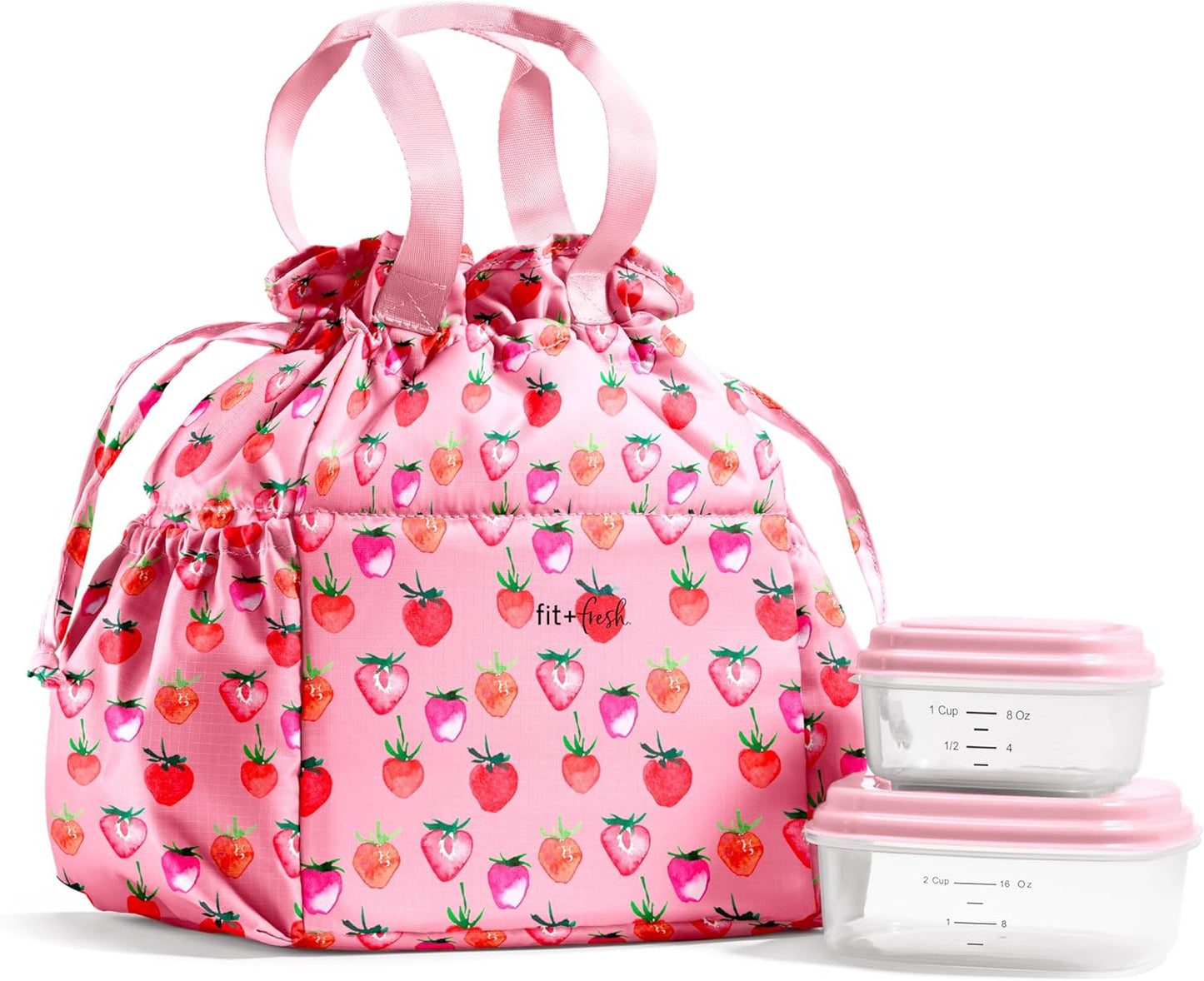 Fit & Fresh Cromwell Drawstring Lunch Bag for Women, Pink Strawberries