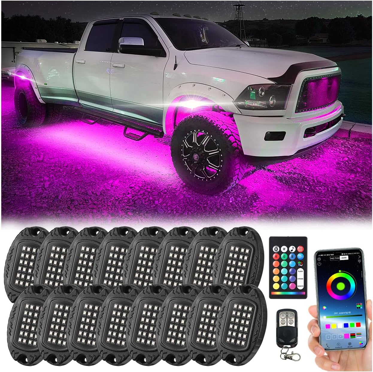 16 Pods Segmented Metal RGB LED Rock Lights Kit for Trucks