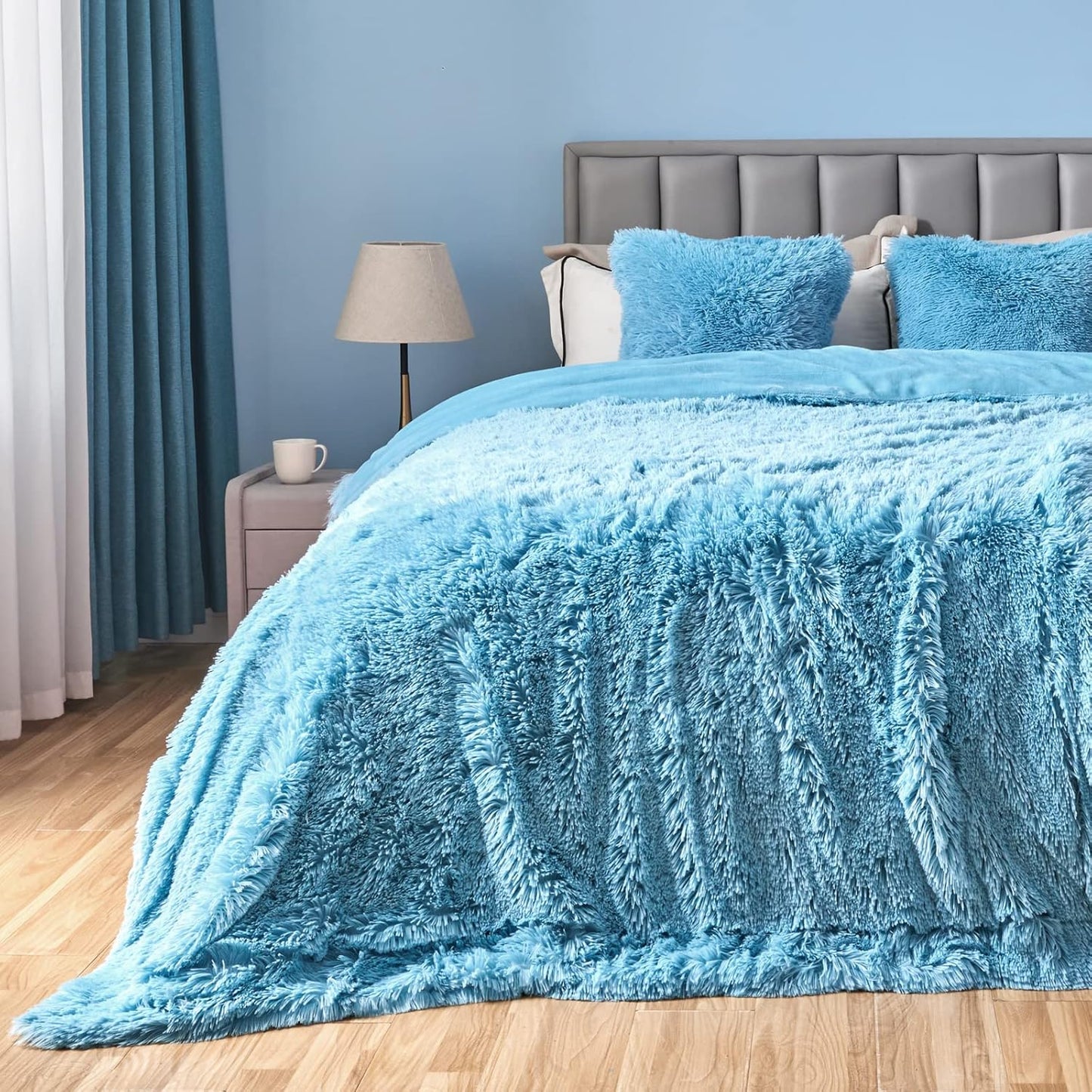 Fuzzy Faux Fur Throw Blanket Queen Size Sky Blue Cozy Plush