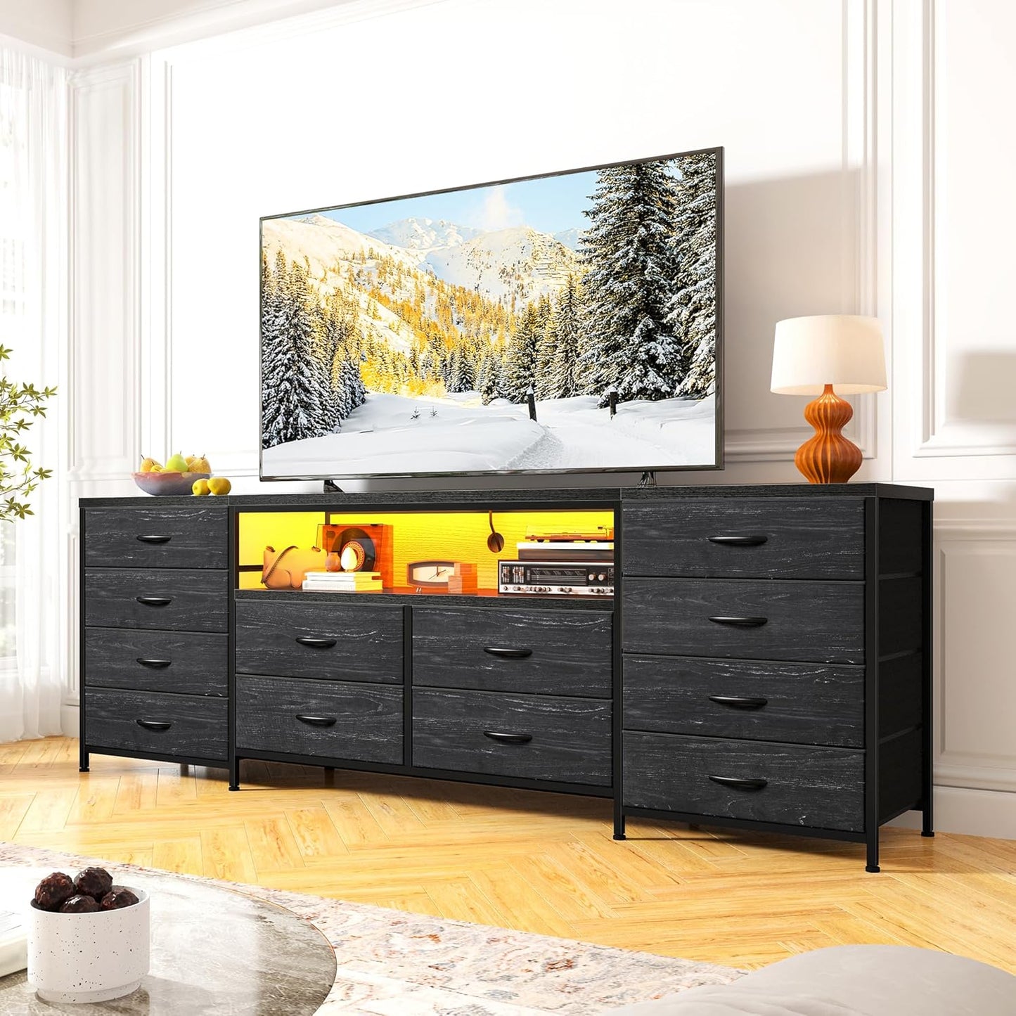 63 Extra Long Black Dresser with LED Lights & Power Outlets