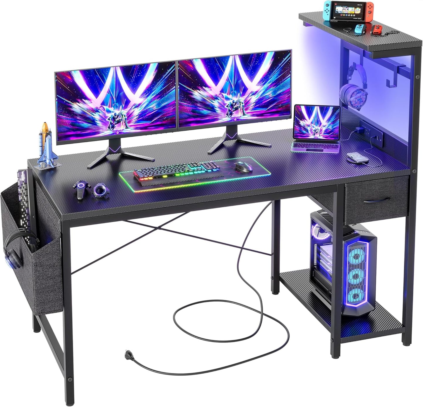 TIQLAB Gaming Desk - Power Outlet, LED, Storage