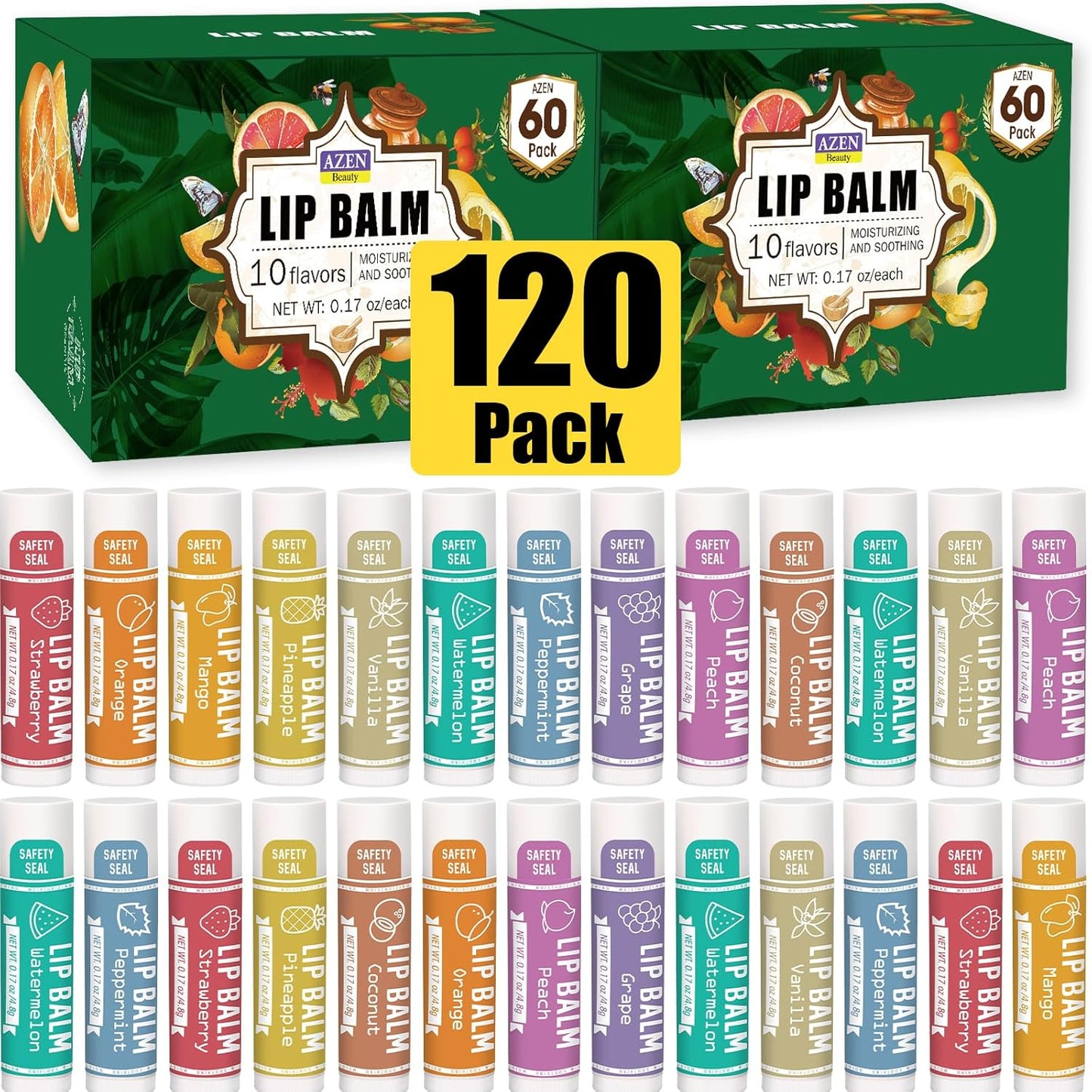 AZEN 120 Pack Lip Balm - Natural Flavored Lip Care Gifts