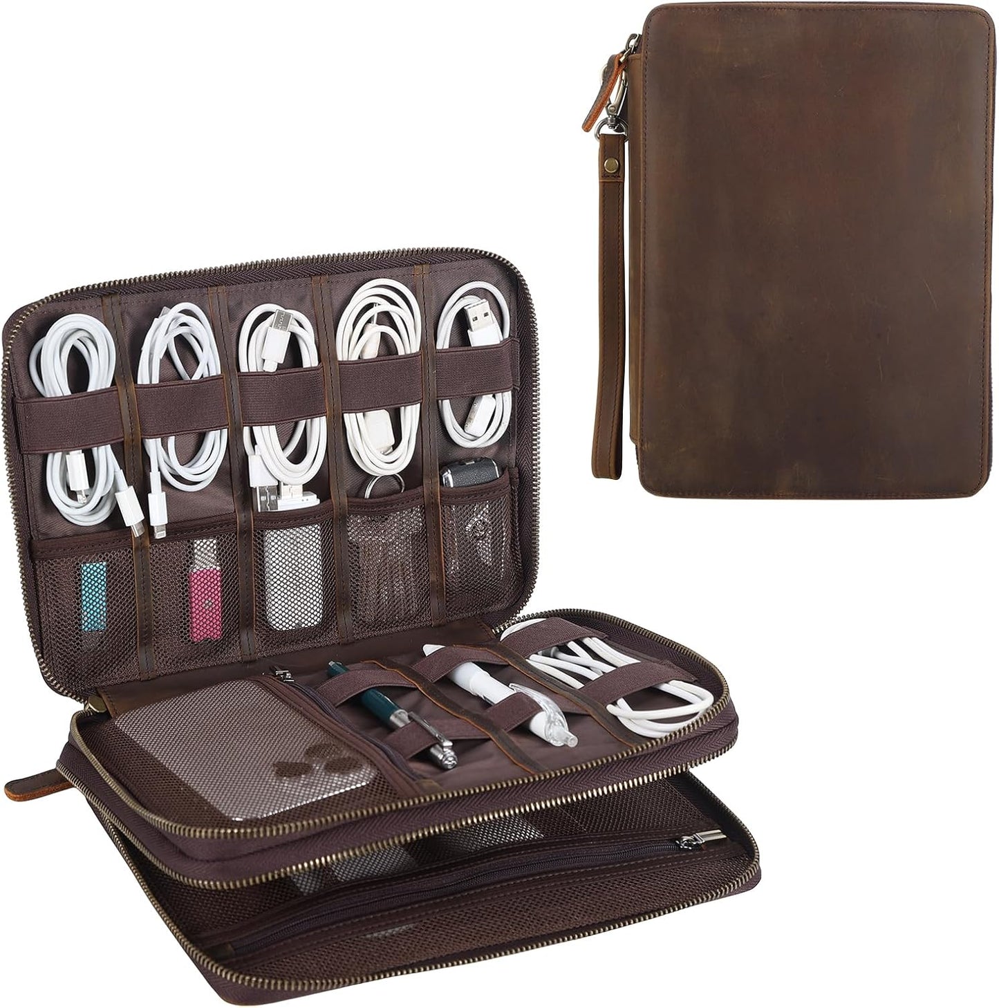 TIDING Full Grain Leather Electronic Travel Cable Organizer Case