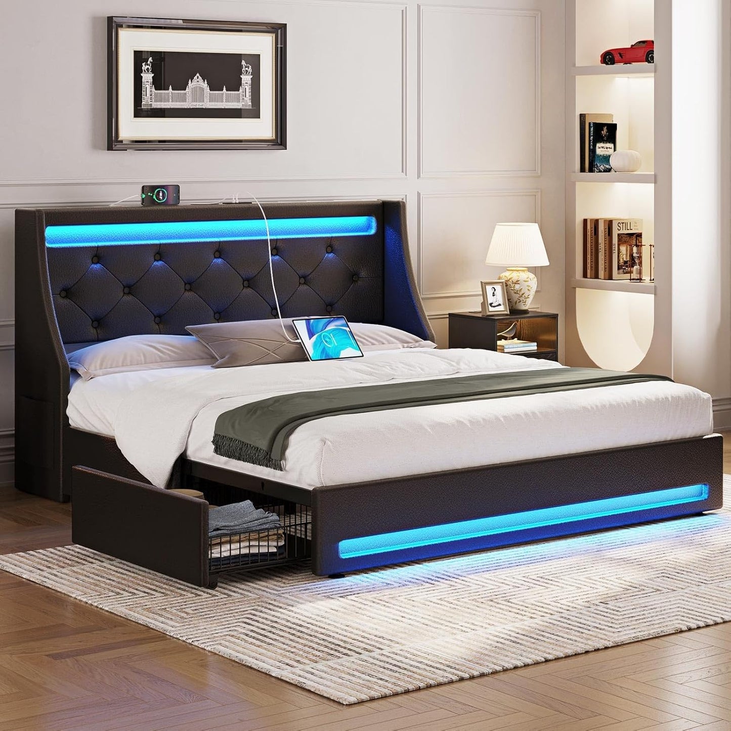 Rolanstar Full Bed Frame with LED Lights and Charging Station
