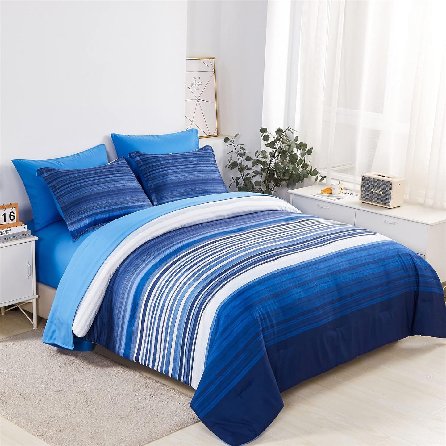 KAKIJUMN 7 Piece Bed in a Bag Stripe Comforter Set for Full Size