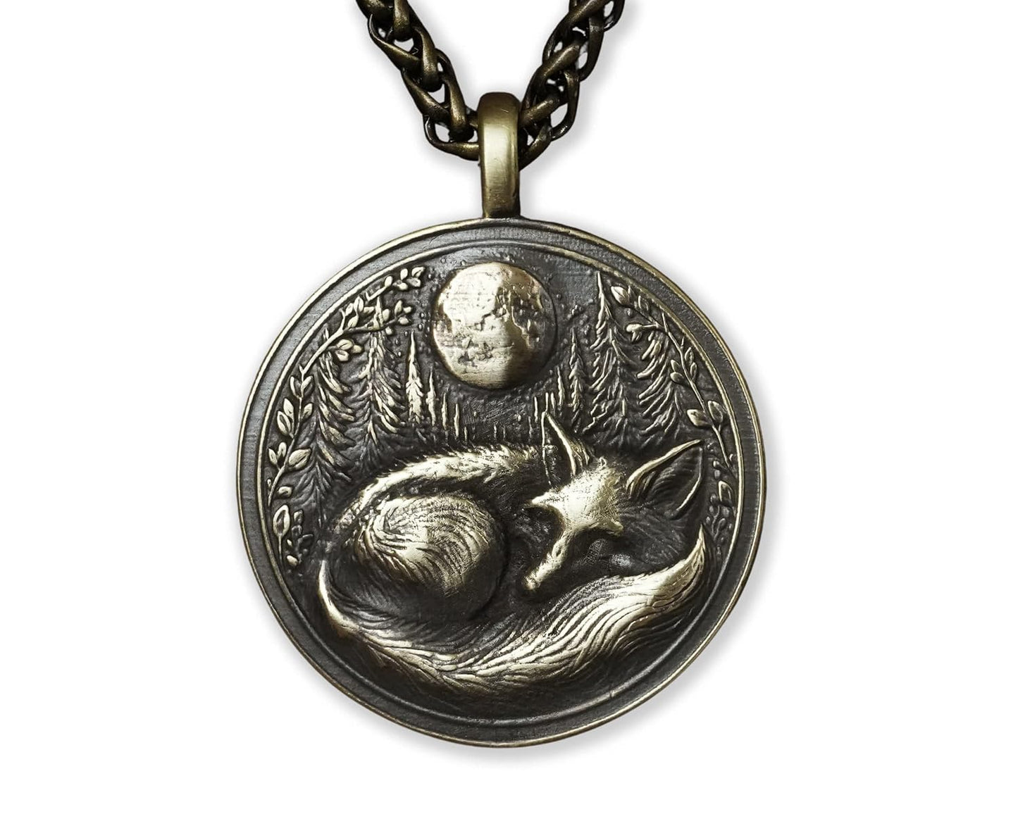 Sleeping Fox in Full Moon Forest Nature Necklace Pendant