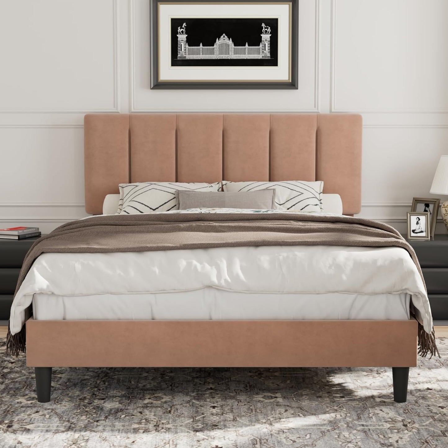 VECELO Full Bed Frame with Upholstered Headboard for Comfort