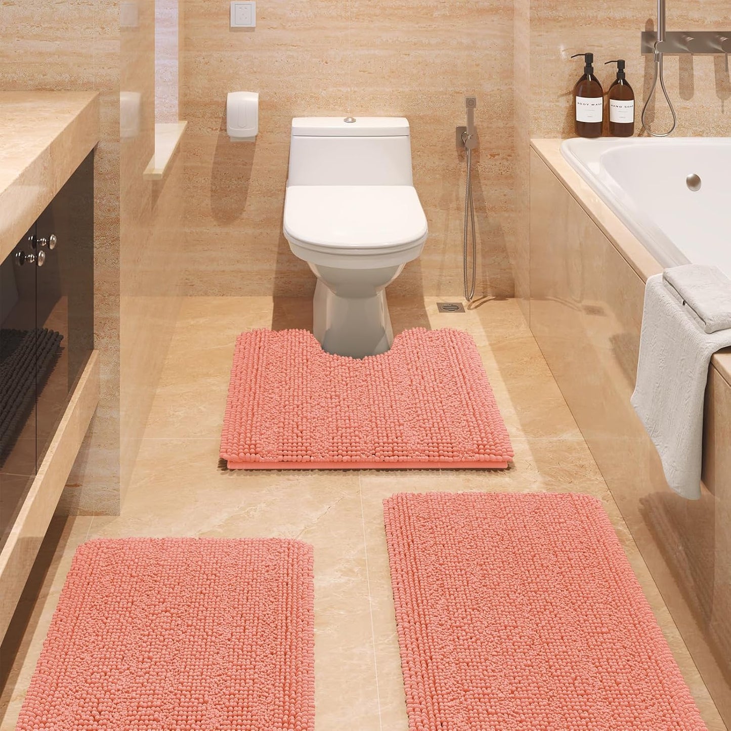 Ultra Soft Striped Coral Bathroom Rug Set 3 Pieces for Luxury