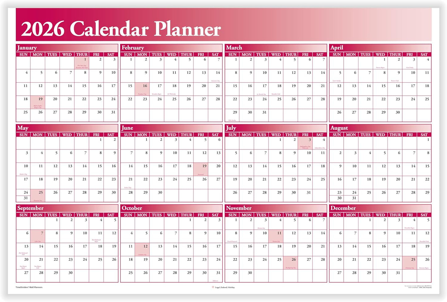 2026 Full Calendar Planner - 36in x 24in Burgundy for Planning