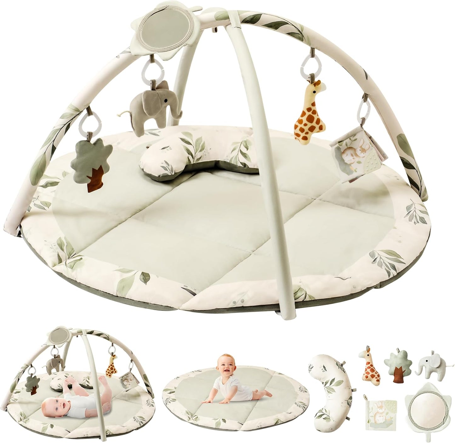 Fortella Sage Green Baby Play Gym: 5 Toys, Soft Pillow, Large Sensory Playmat