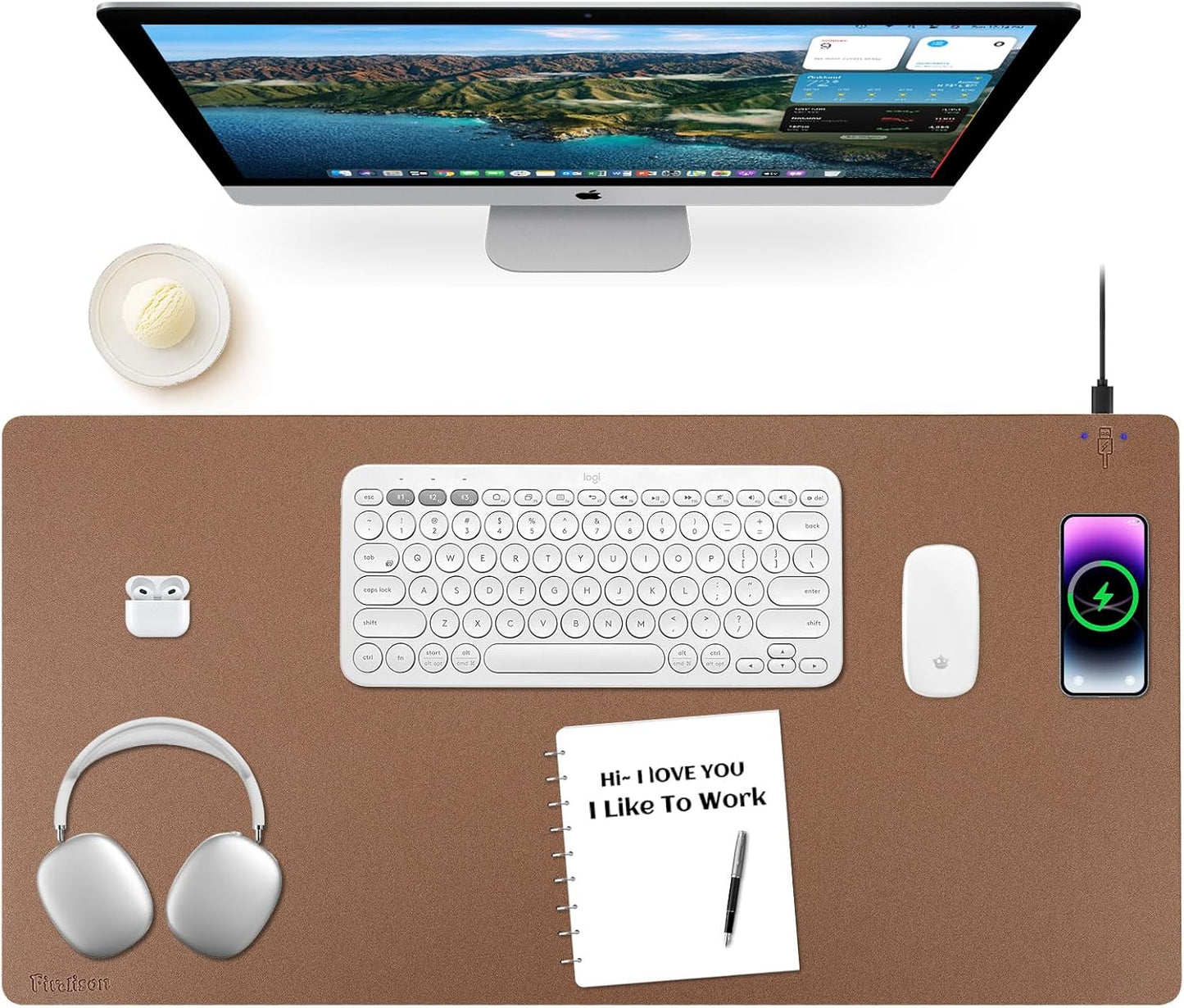 Wireless Charging Mouse Pad with Leather Finish for Office Use