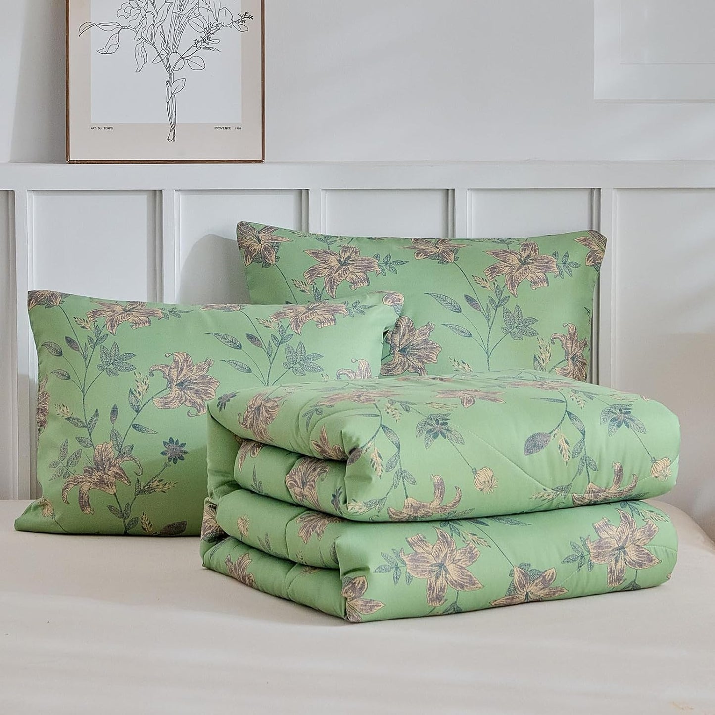 VM VOUGEMARKET Girls Green Floral Full Comforter Set for Cozy Sleep