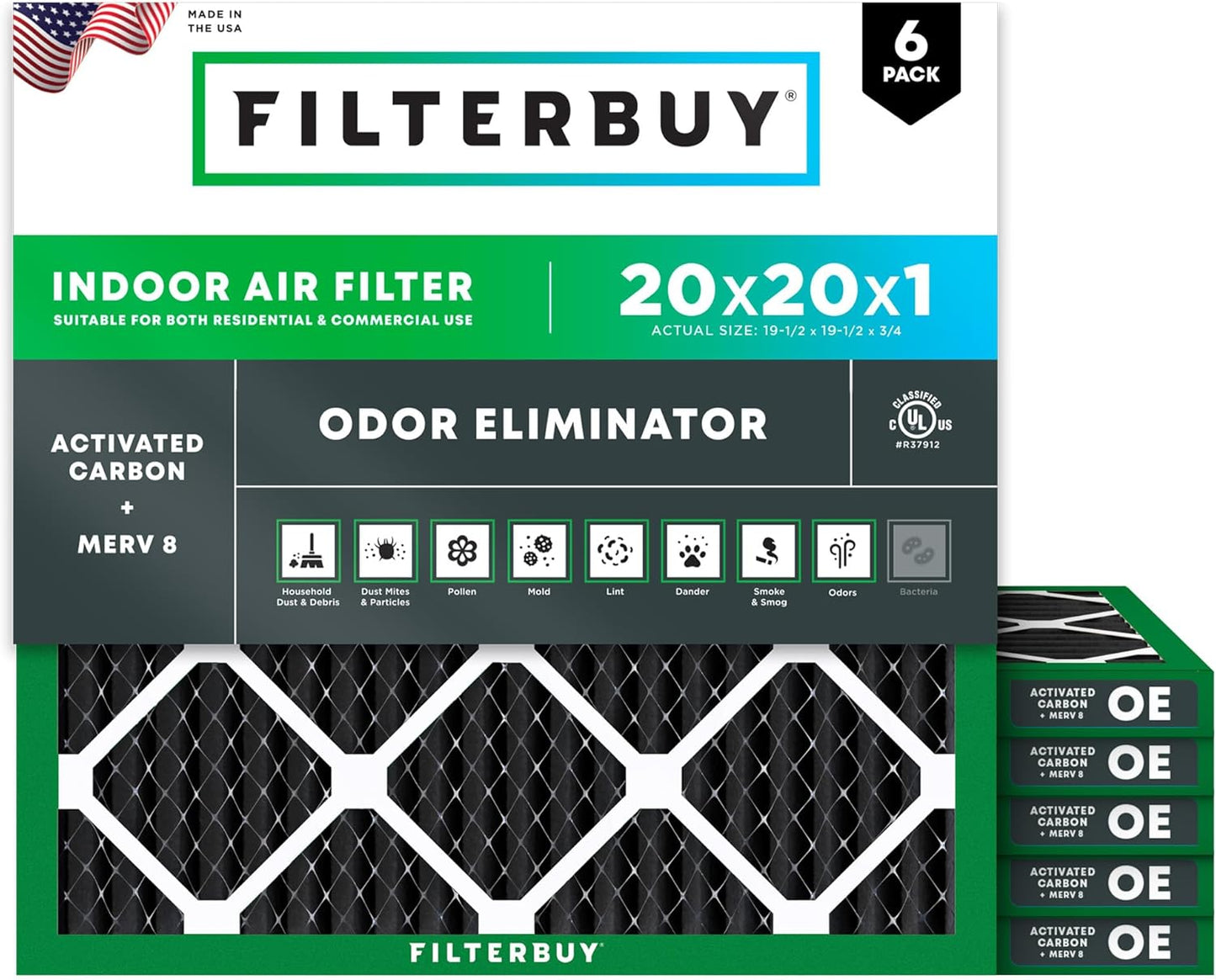 Filterbuy 20x20x1 Air Filter MERV 8 for Odor & Allergy Defense