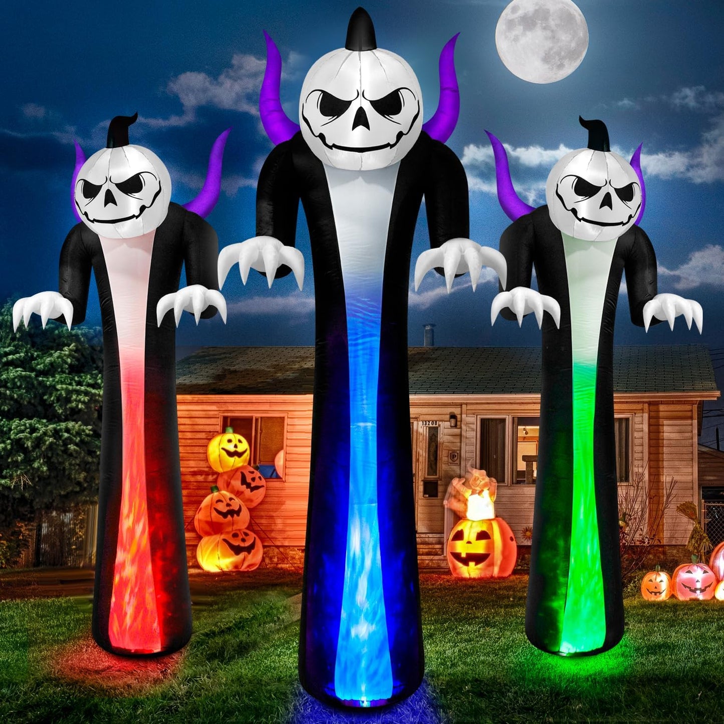 12FT Halloween Inflatables Pumpkin Ghost with Rotating Flame Lights
