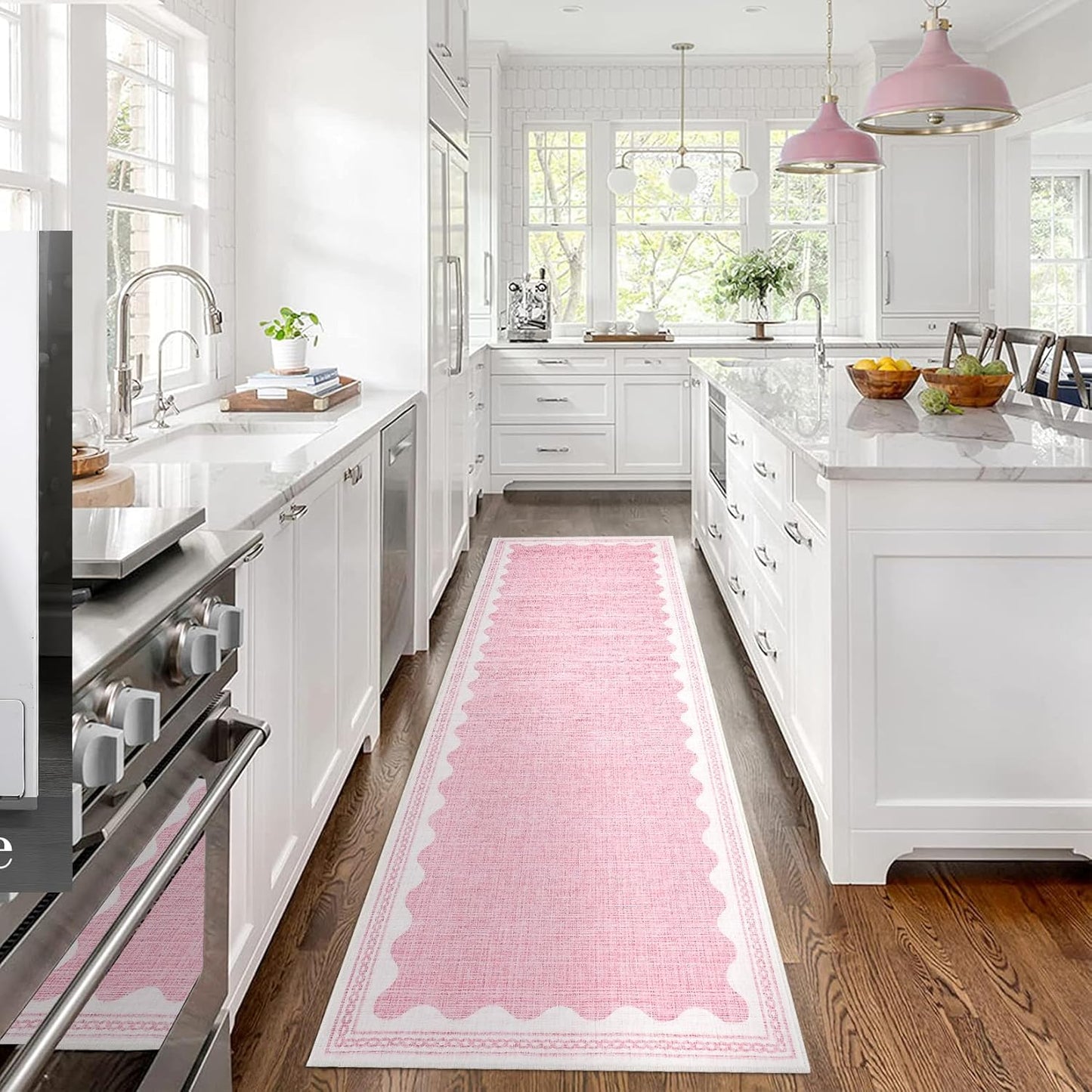 Scalloped Rug 2.5x8 Runners for Hallways, Soft Pink Design