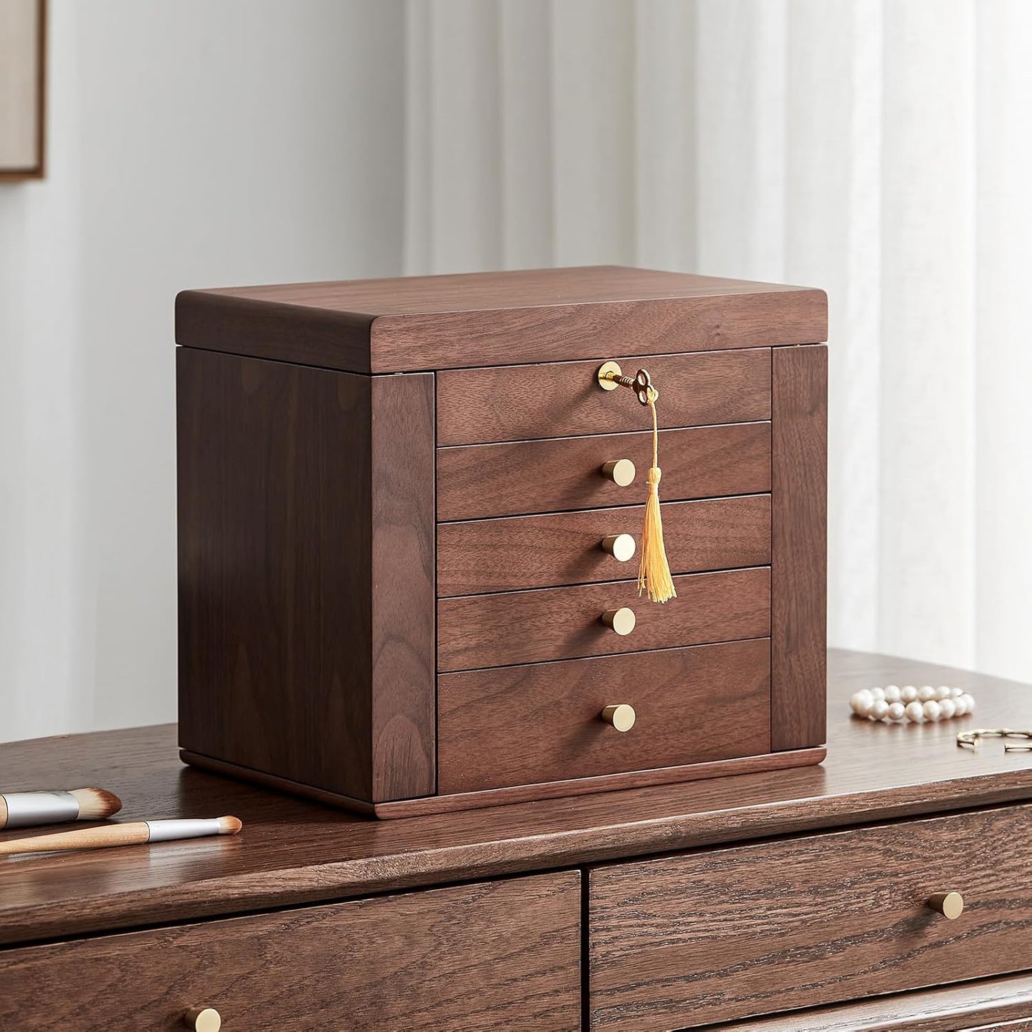 Black Walnut Wooden Jewelry Box with Mirror and Lock for Storage
