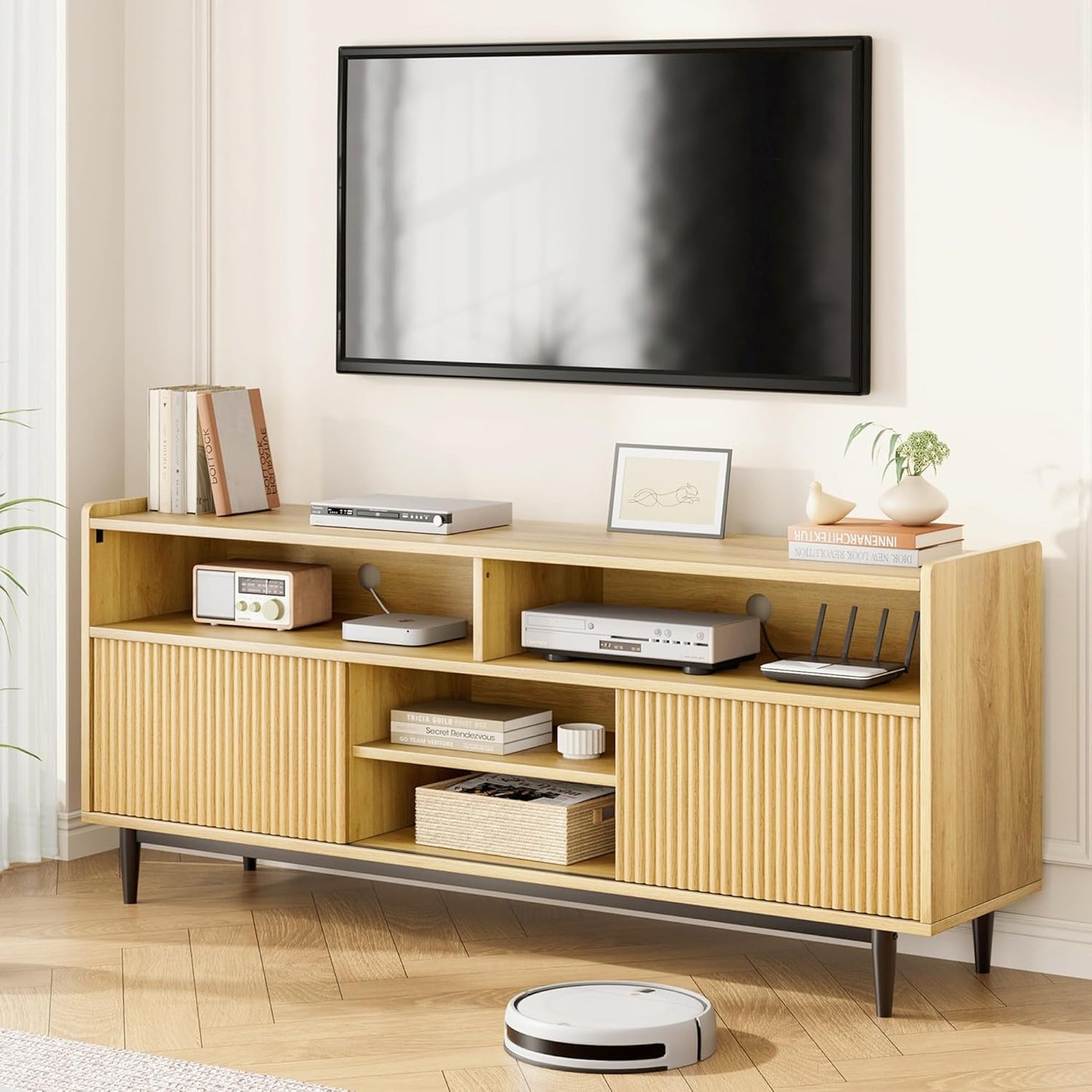 Boho Fluted TV Stand with Sliding Doors, Natural Oak