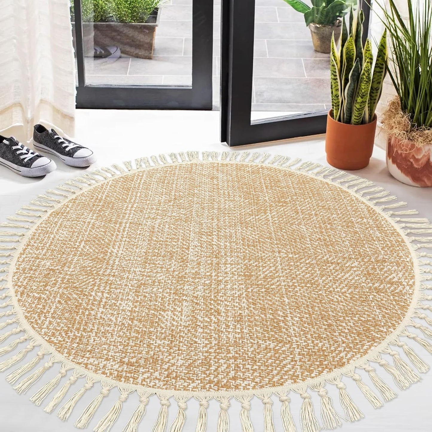Hand Woven Round Area Rug Soft Cotton Machine Washable Carpet