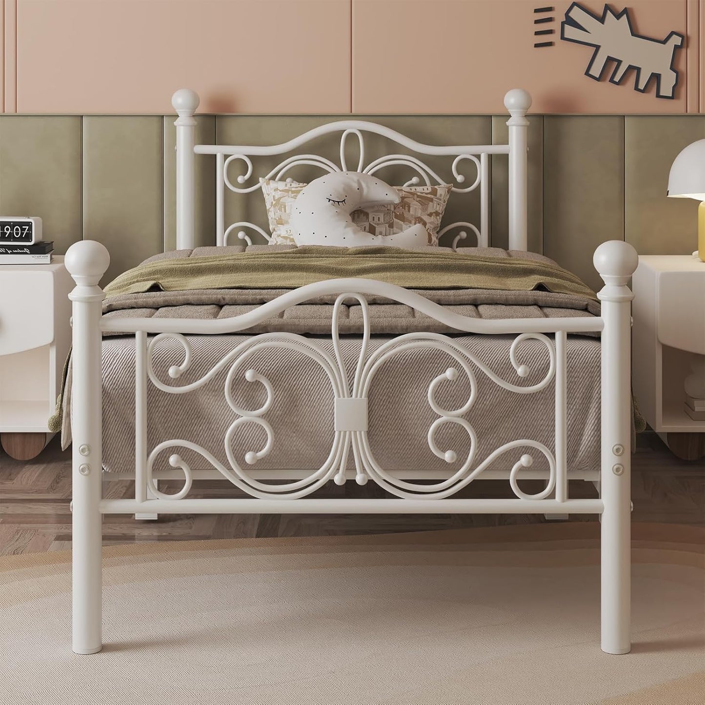 Twin Size Metal Platform Bed Frame with Butterfly Design Headboard