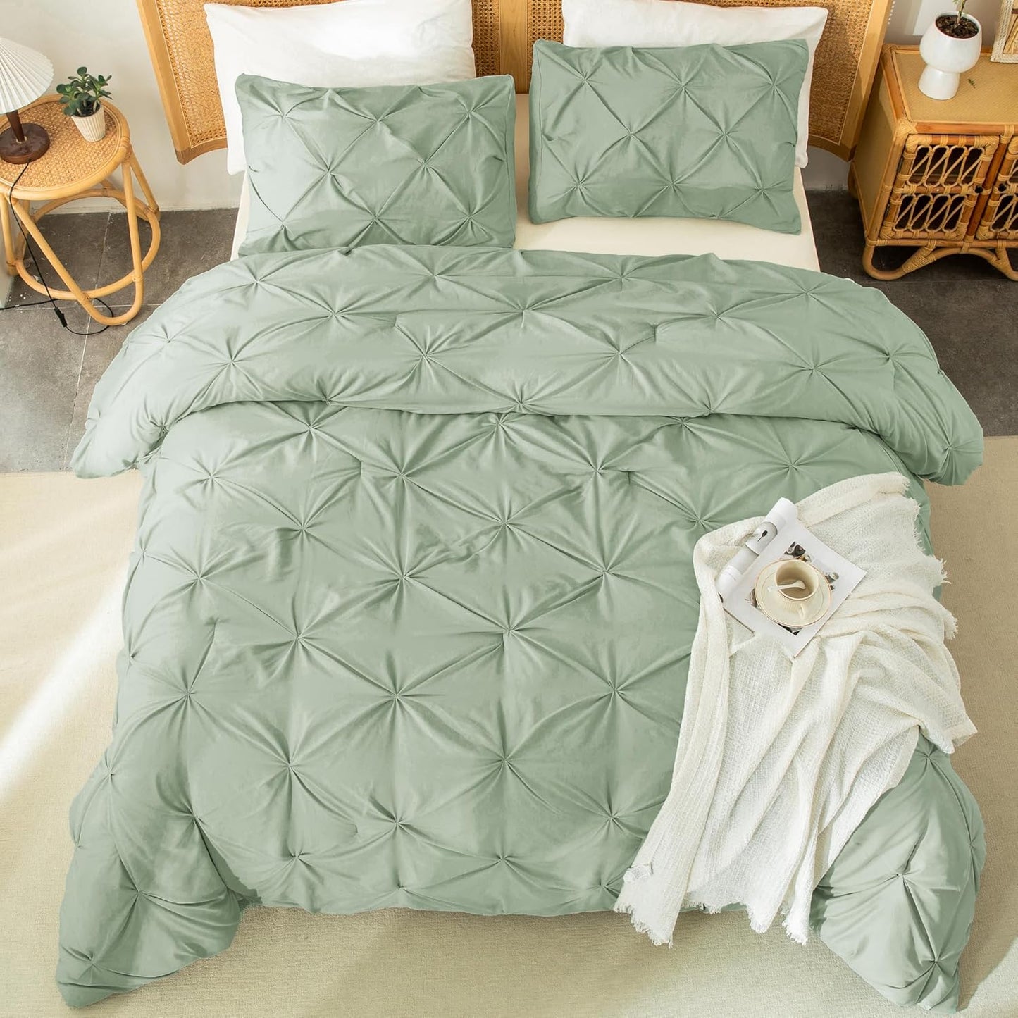 Pinch Pleated Comforter Set in Sage Green for King Size Beds