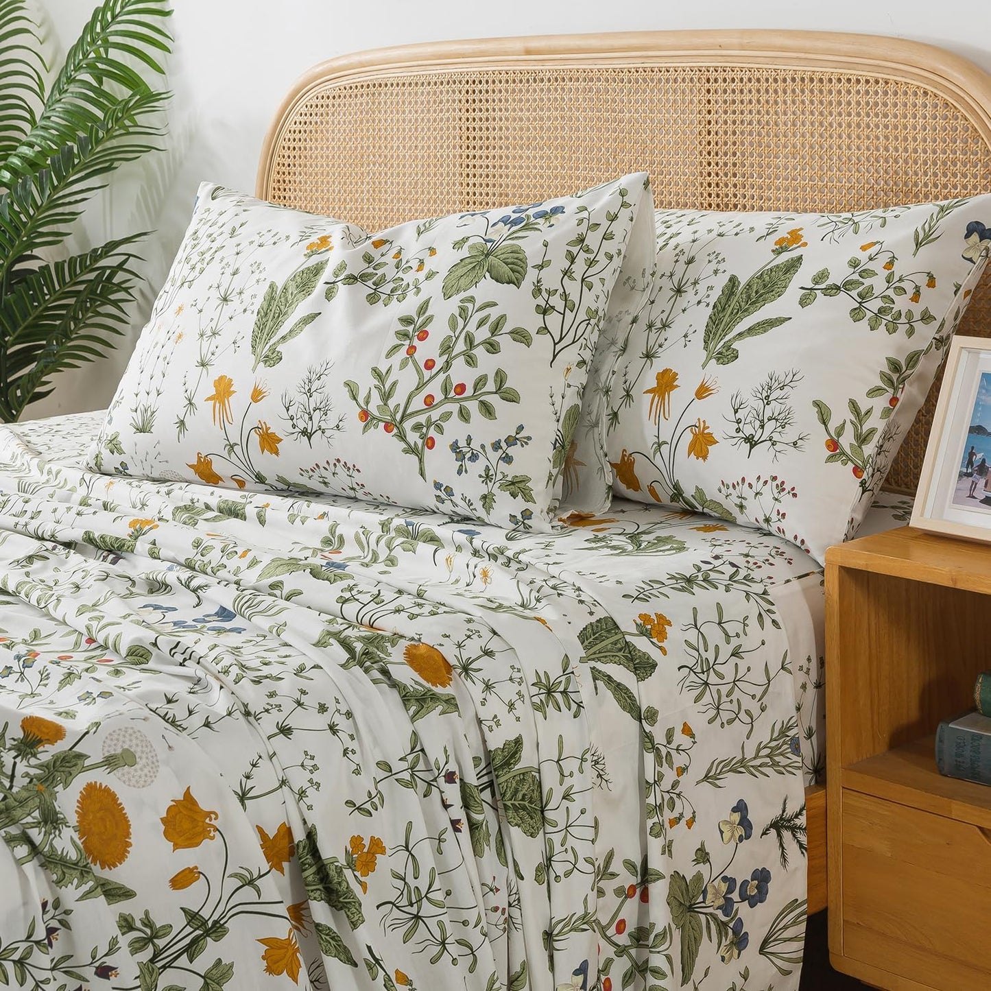 Zusbest Full Size Sheets 100% Percale Cotton Green Floral Set