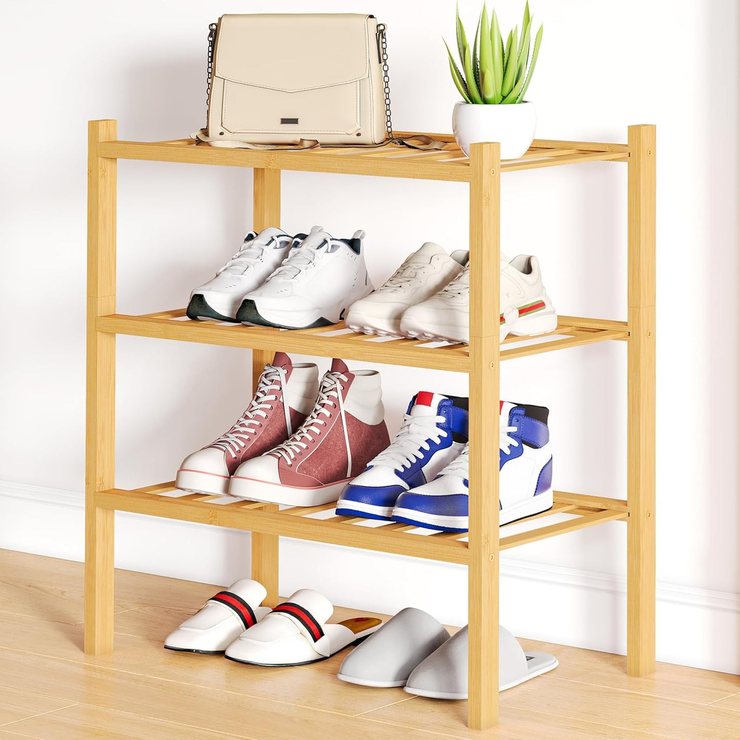 Smiry Shoe Rack - 3 Tier Bamboo Organizer for Entryway Storage